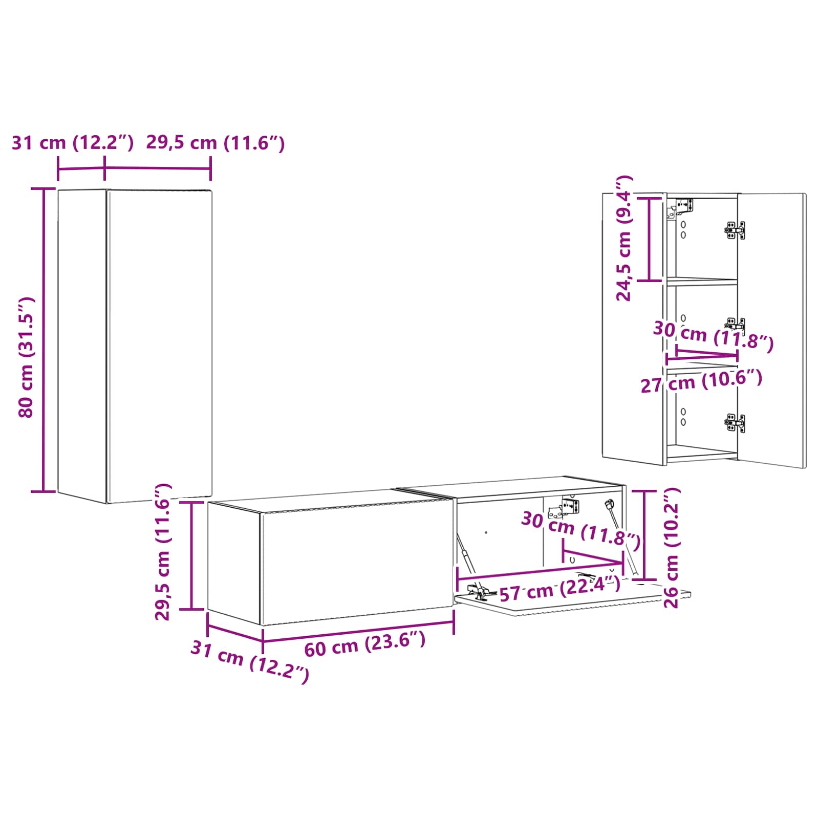 Set TV komoda Zidne 2 pcs Umjetnički hrast Konstruirano drvo