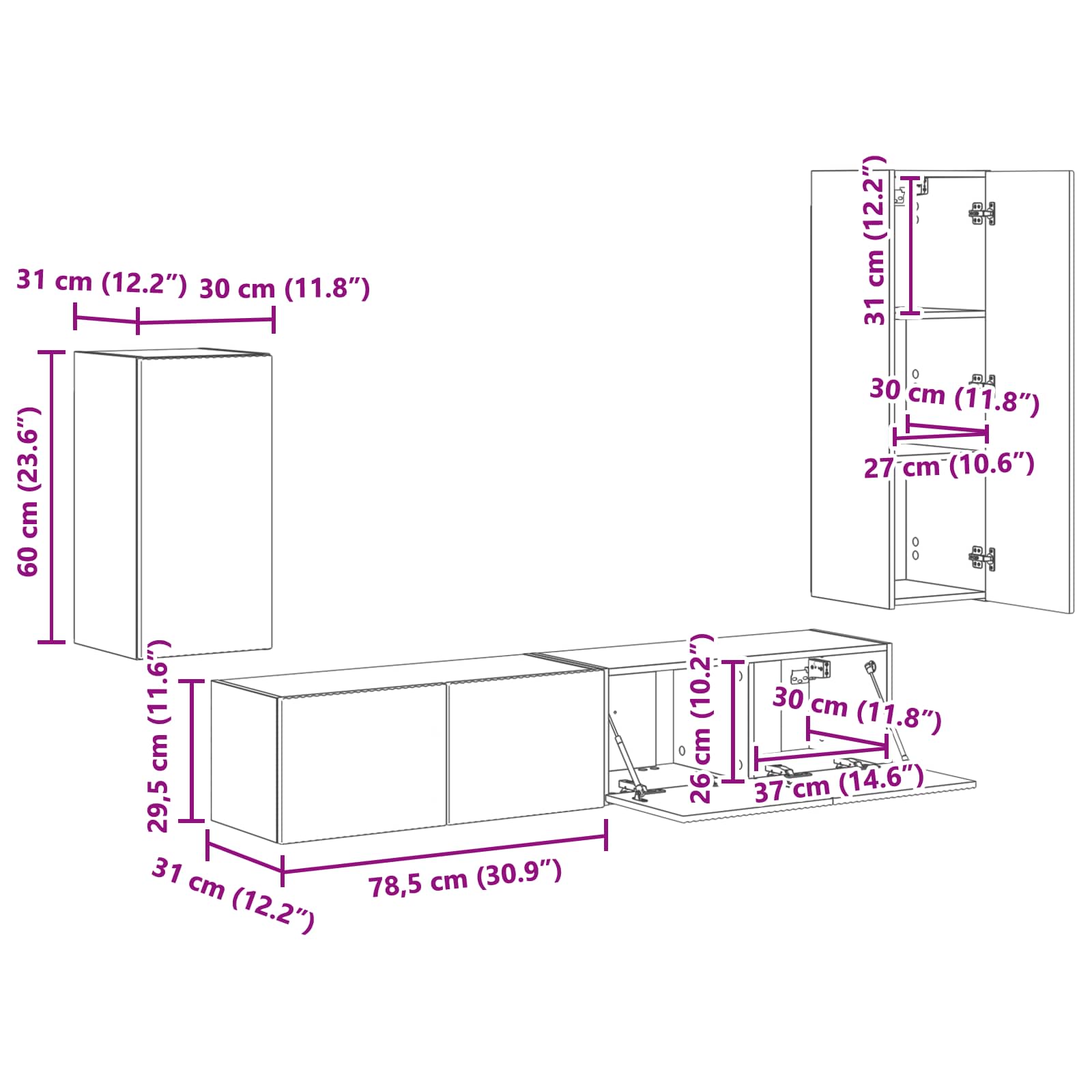 Set TV komoda Zidne 4 pcs Siva Sonoma Konstruirano drvo