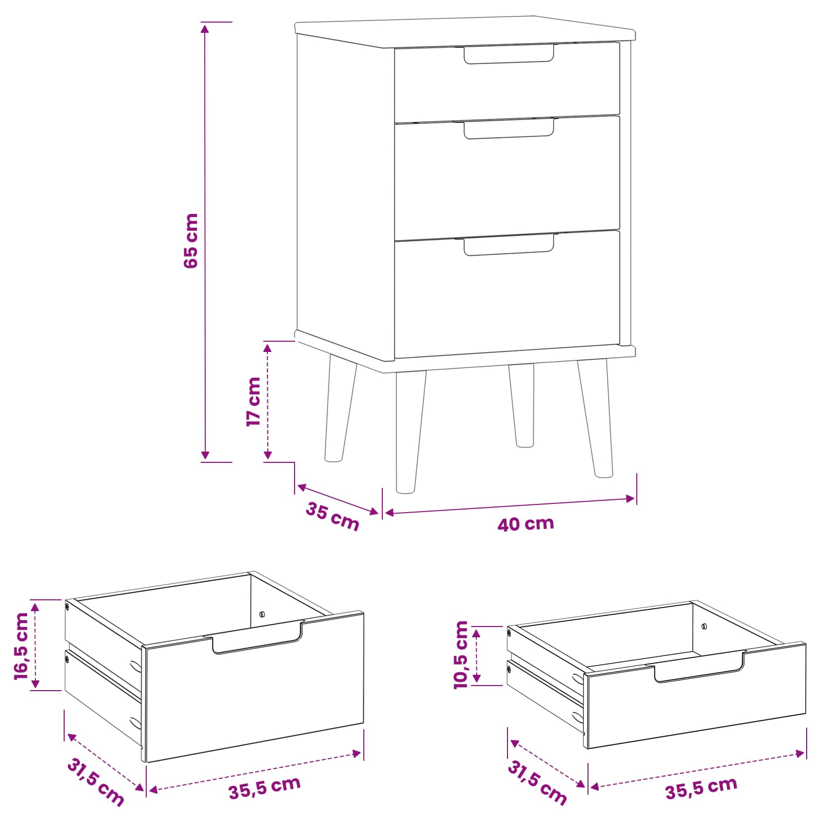 Noćni ormar s ladicama Crna 40 x 35 x 65 cm Masivna borovina