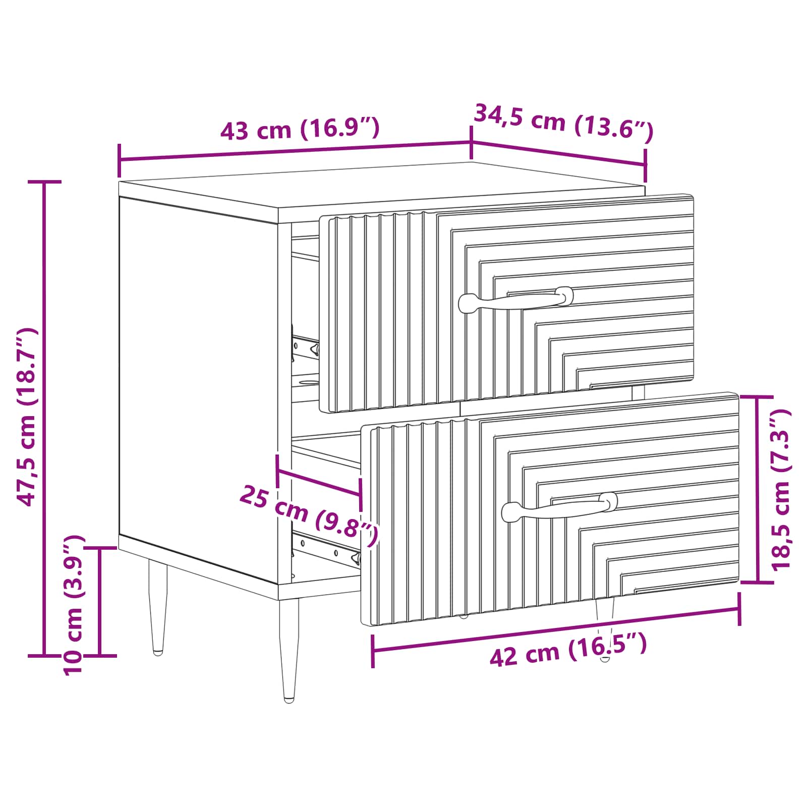 Noćni ormar s ladicama 2 pcs Siva sonoma 43 x 34,5 x 47,5 cm