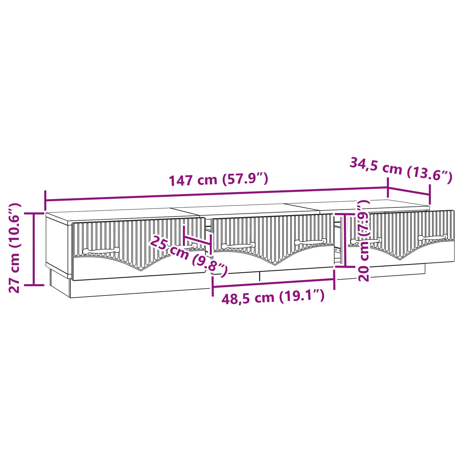 TV ormar s ladicama Bijela visokog sjaja 147 x 34,5 x 27 cm