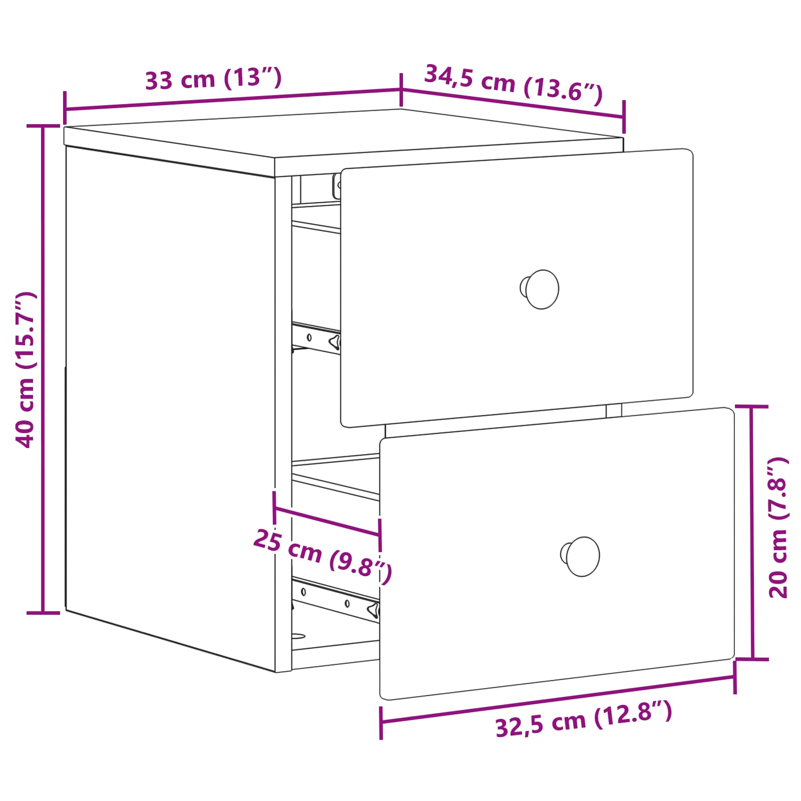 Noćni ormarić za montažu na zid 2 pcs Bijela 34,5 x 33 x 40 cm