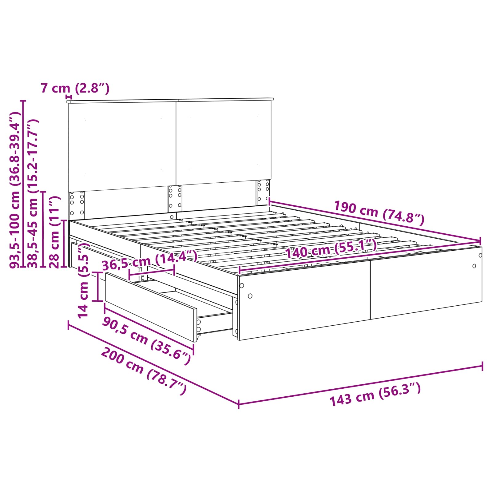 Krevet s od storage Bijelo 140 x 190 cm Konstruirano drvo