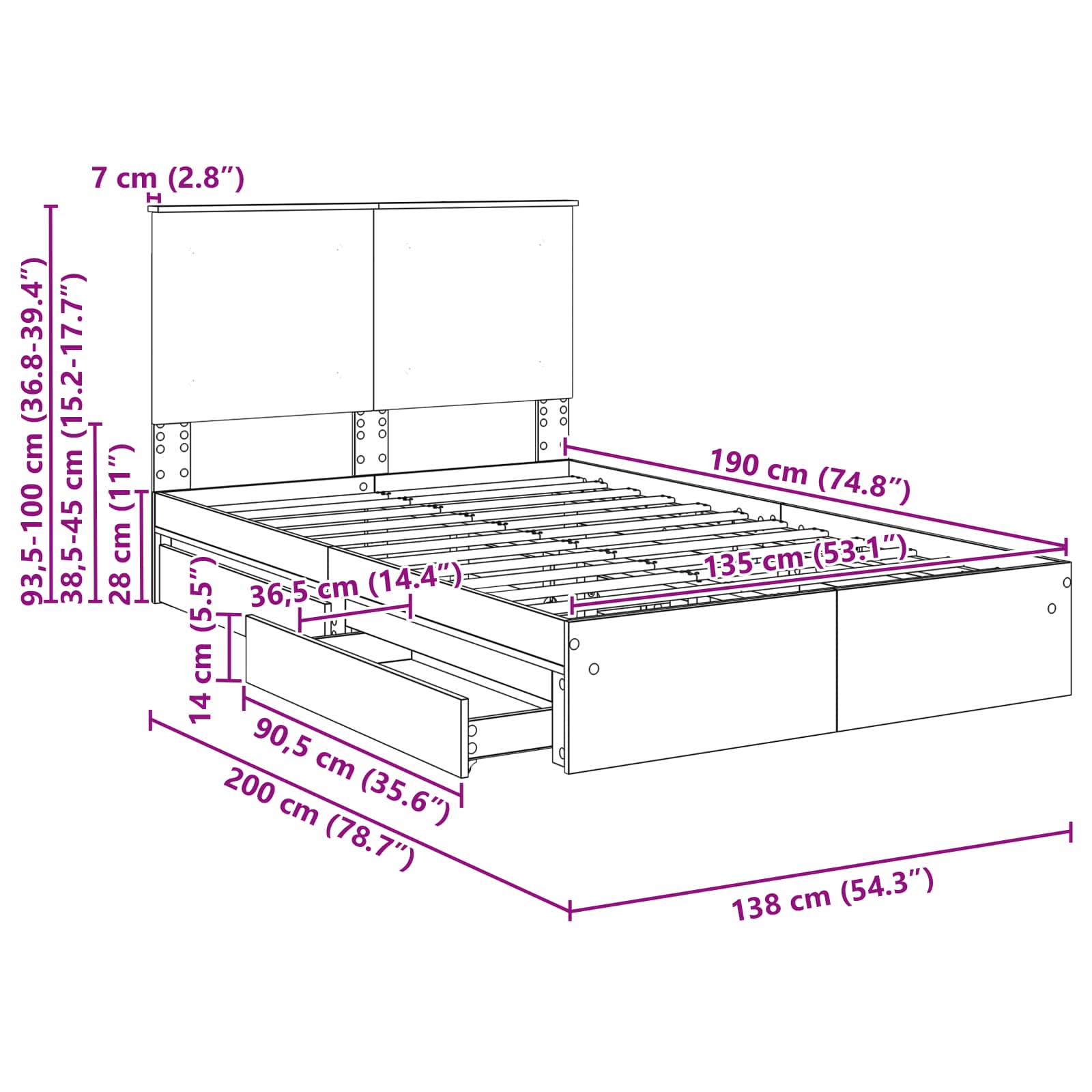 Krevet s od storage s uzglavljem Dimljeni hrast 135 x 190 cm
