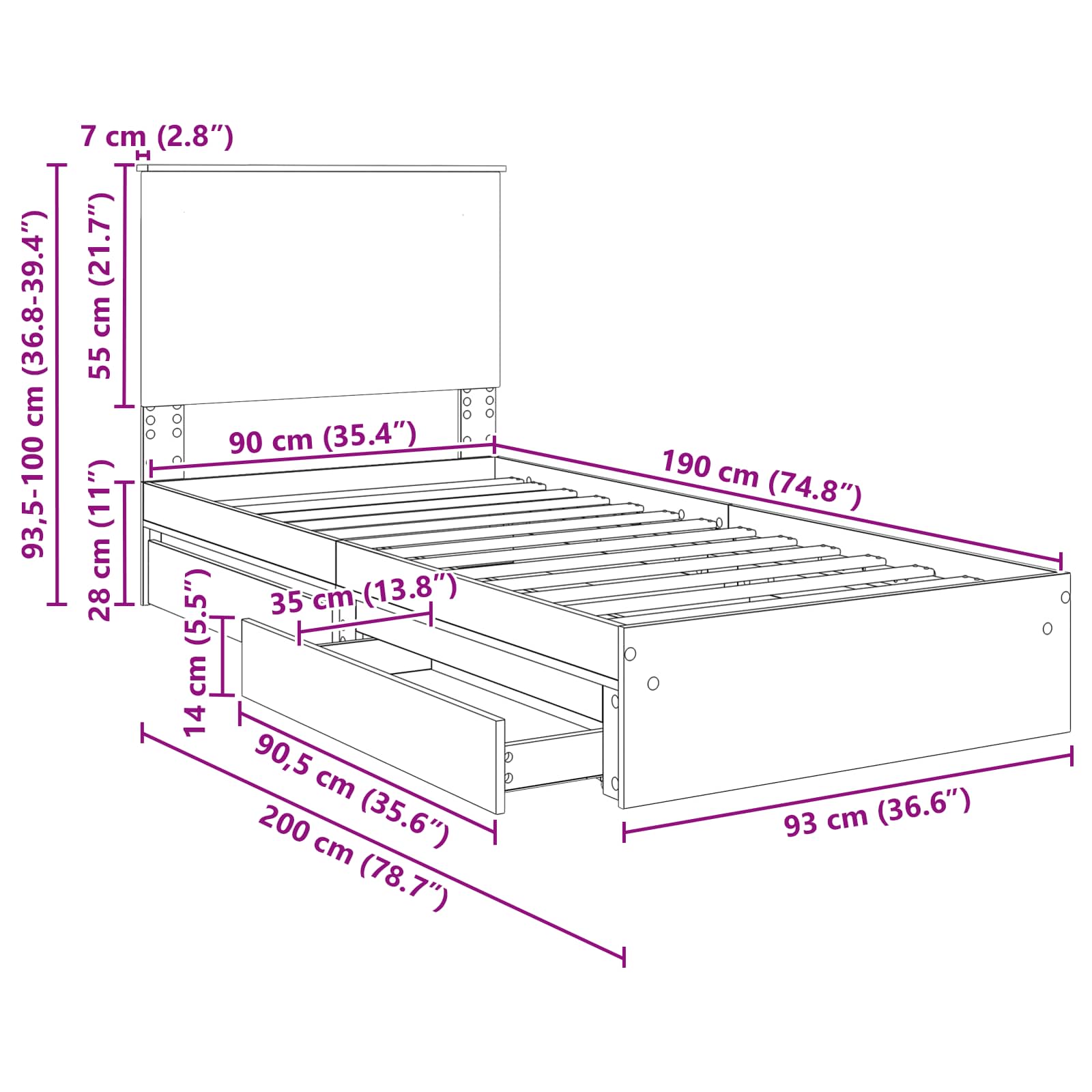 Krevet s od storage s uzglavljem Dimljeni hrast 90 x 190 cm