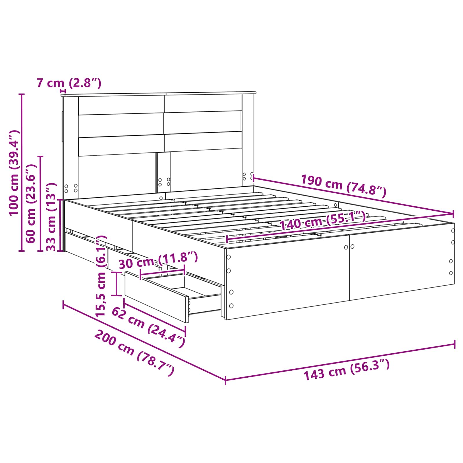 Krevetna konstrukcija s ladicama Dimljeni hrast 140 x 190 cm