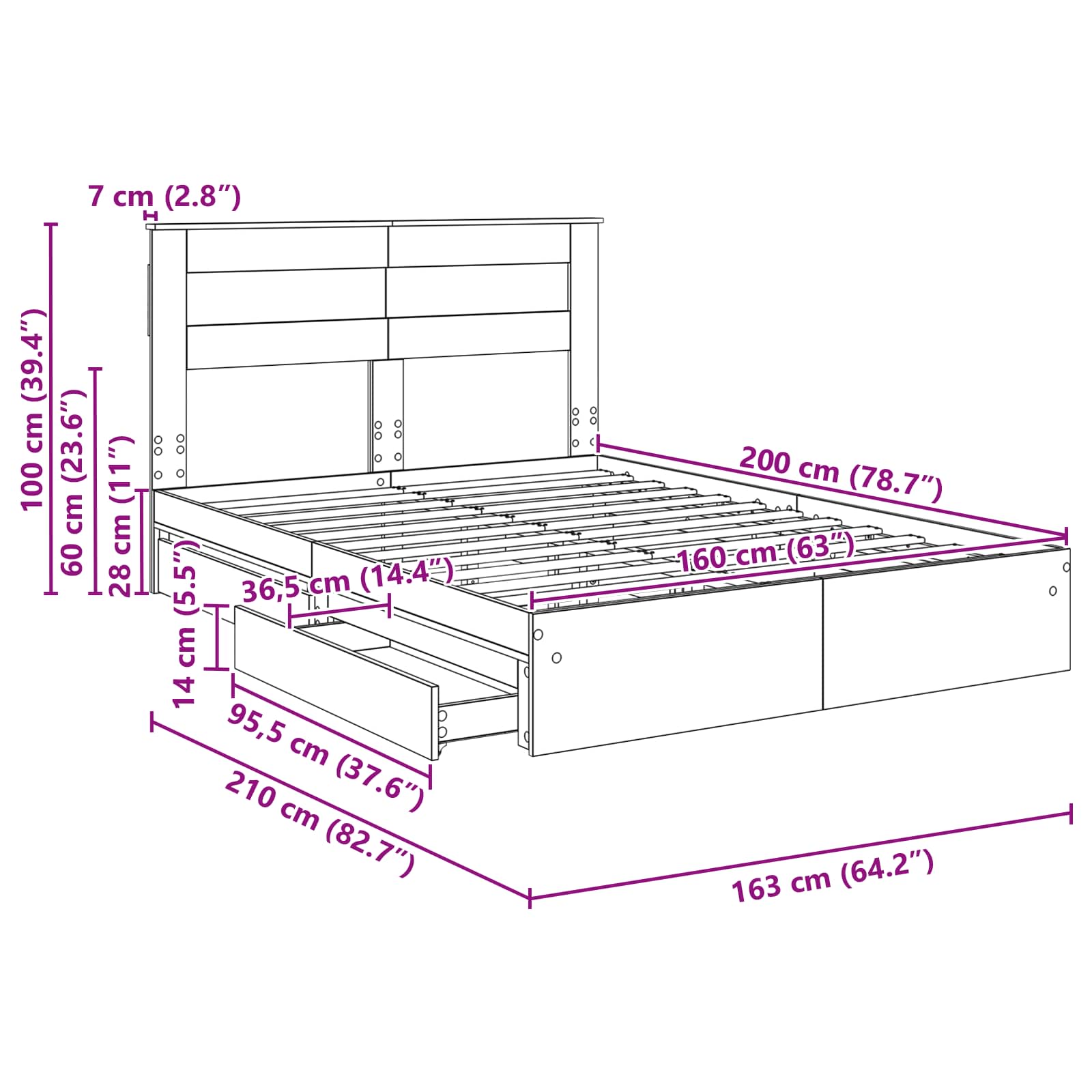Krevet s od storage s uzglavljem Dimljeni hrast 160 x 200 cm