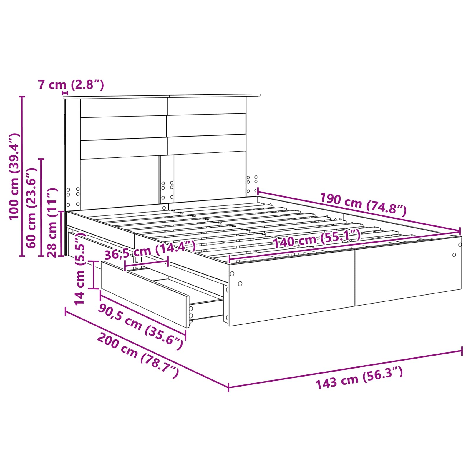 Krevet s od storage Sonoma hrast 140 x 190 cm Konstruirano drvo