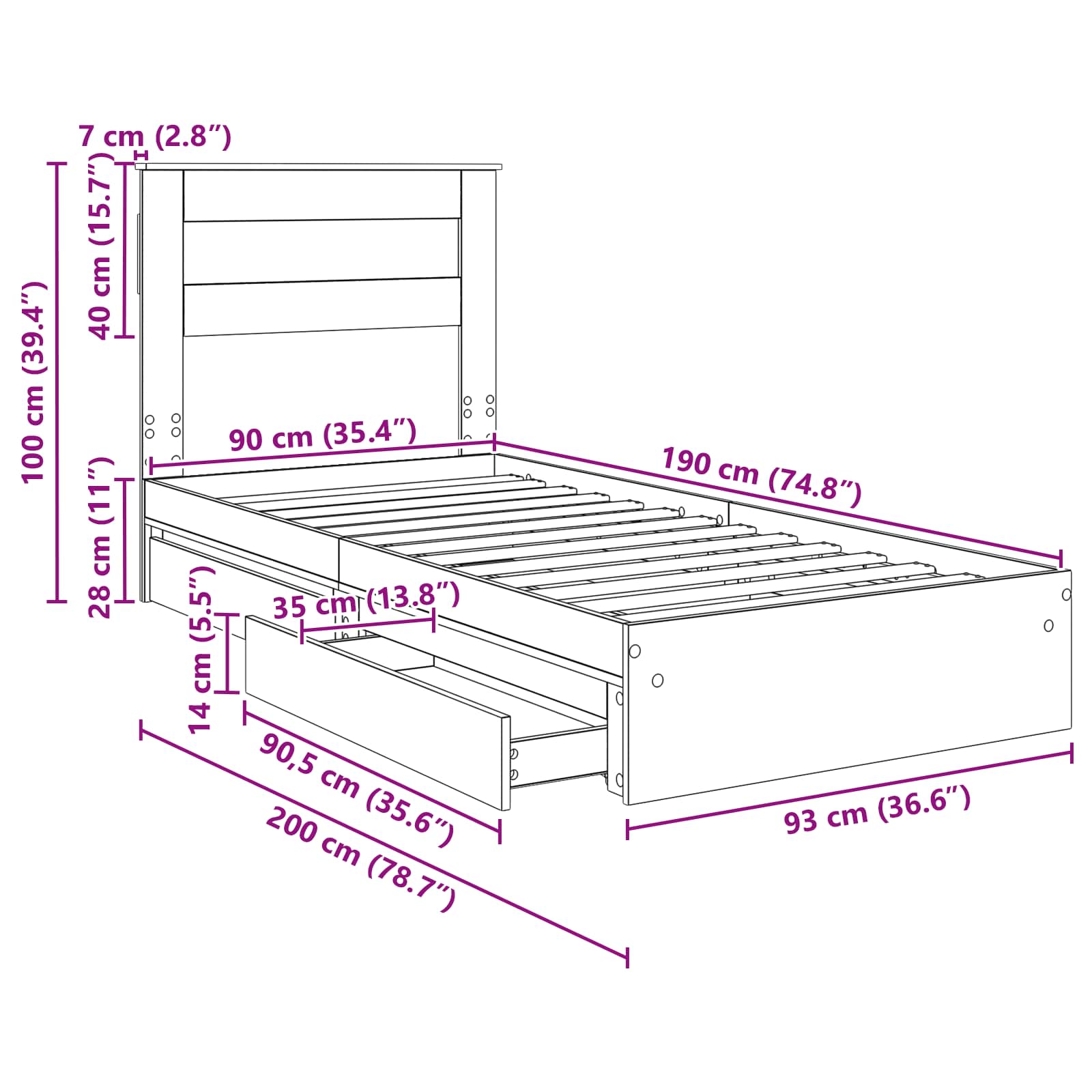 Krevet s od storage s uzglavljem Dimljeni hrast 90 x 190 cm