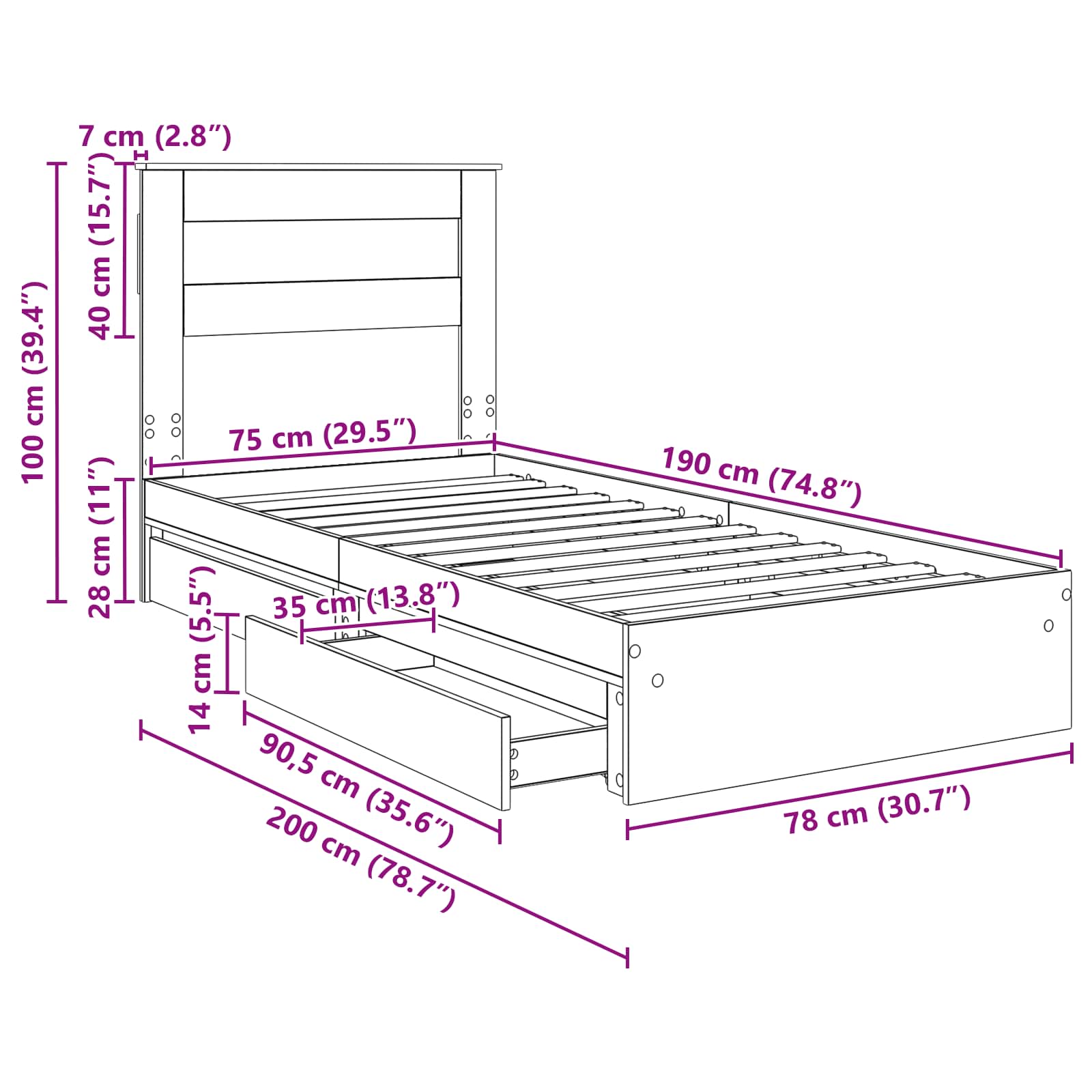 Krevet s od storage Siva Sonoma 75 x 190 cm Konstruirano drvo