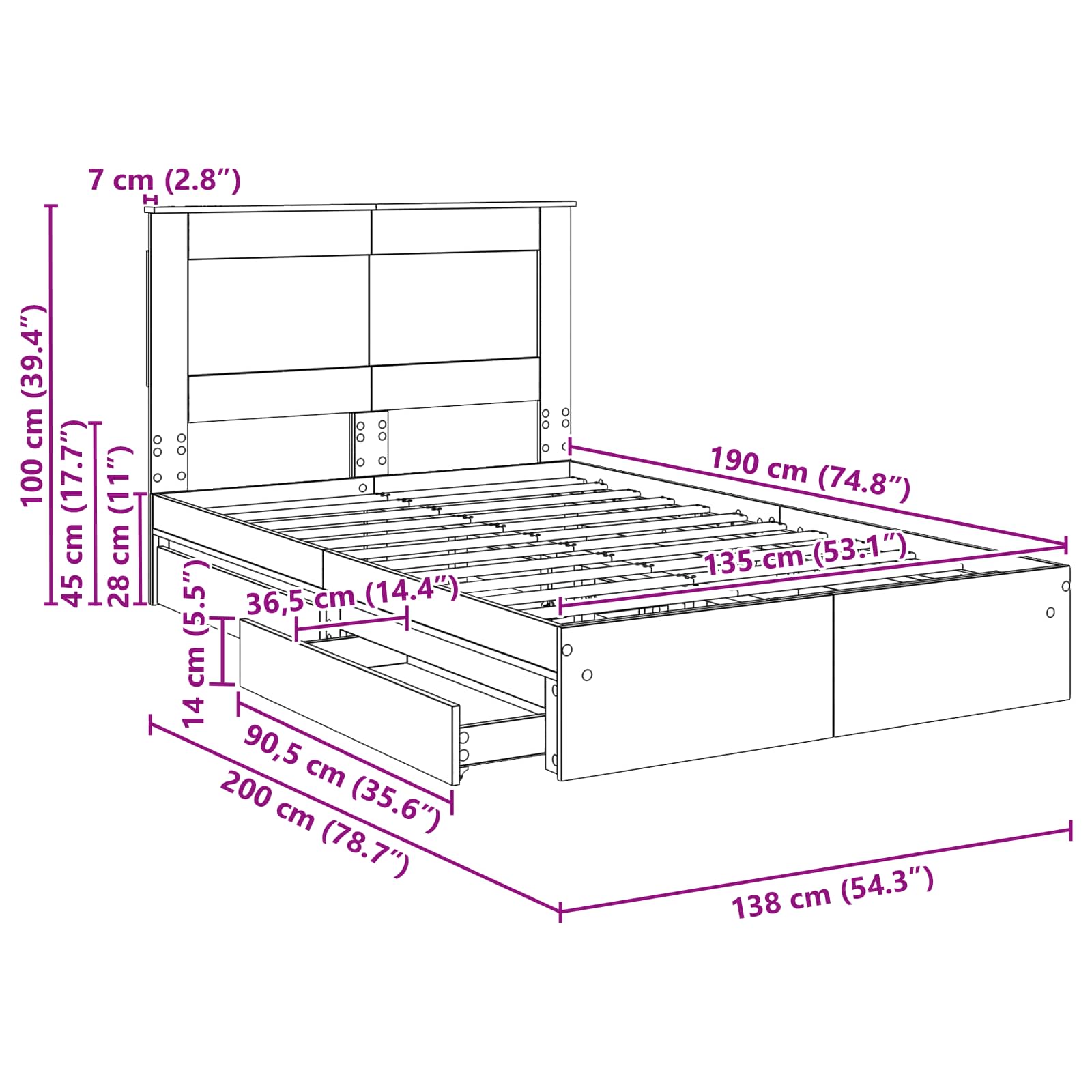 Krevet s od storage s uzglavljem Betonski sivi 135 x 190 cm