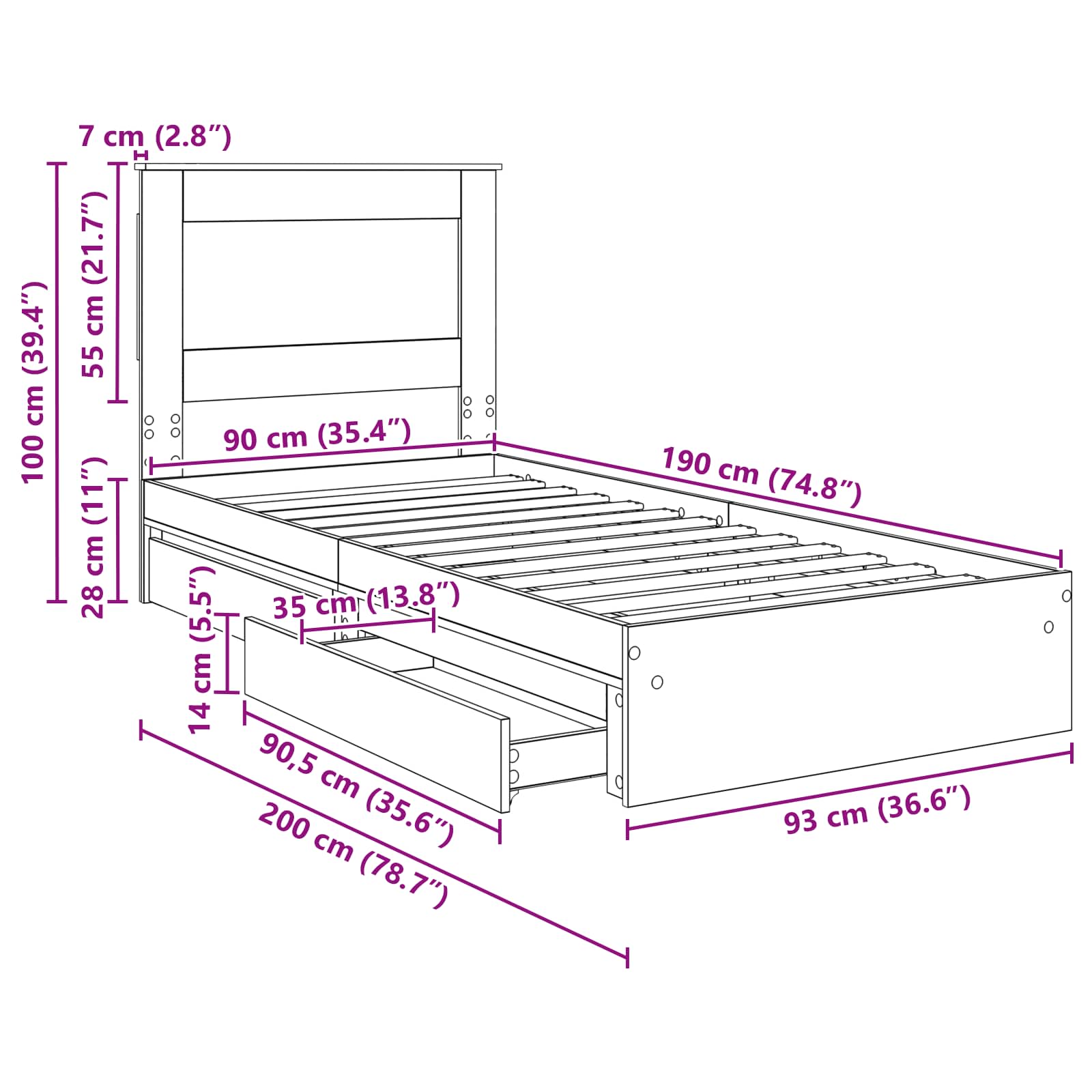 Krevet s od storage Betonski sivi 90 x 190 cm Konstruirano drvo