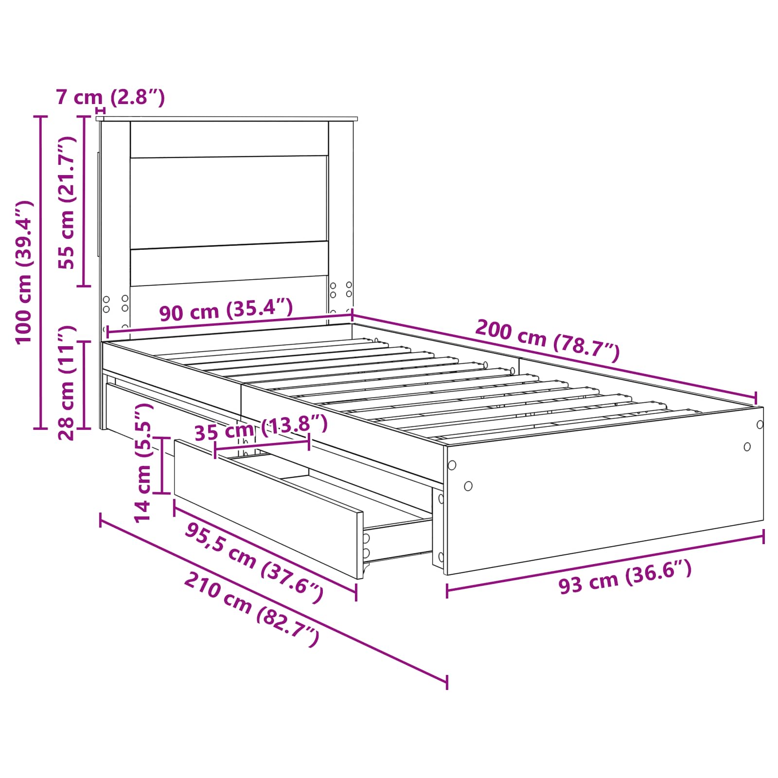 Krevet s od storage Siva Sonoma 90 x 200 cm Konstruirano drvo