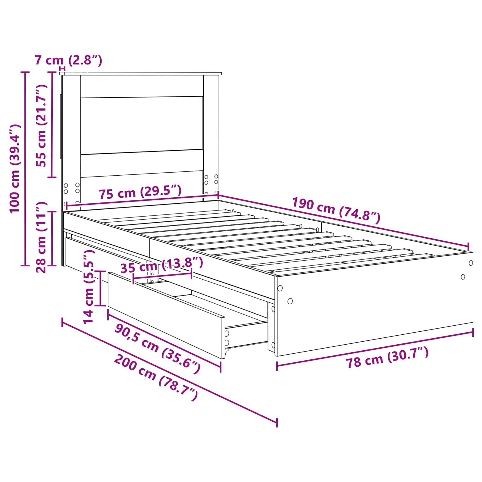 Krevet s od storage Sonoma hrast 75 x 190 cm Konstruirano drvo