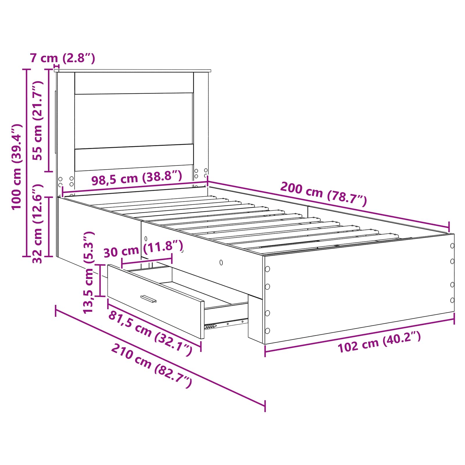 Krevetna konstrukcija s ladicama Sonoma hrast 100 x 200 cm
