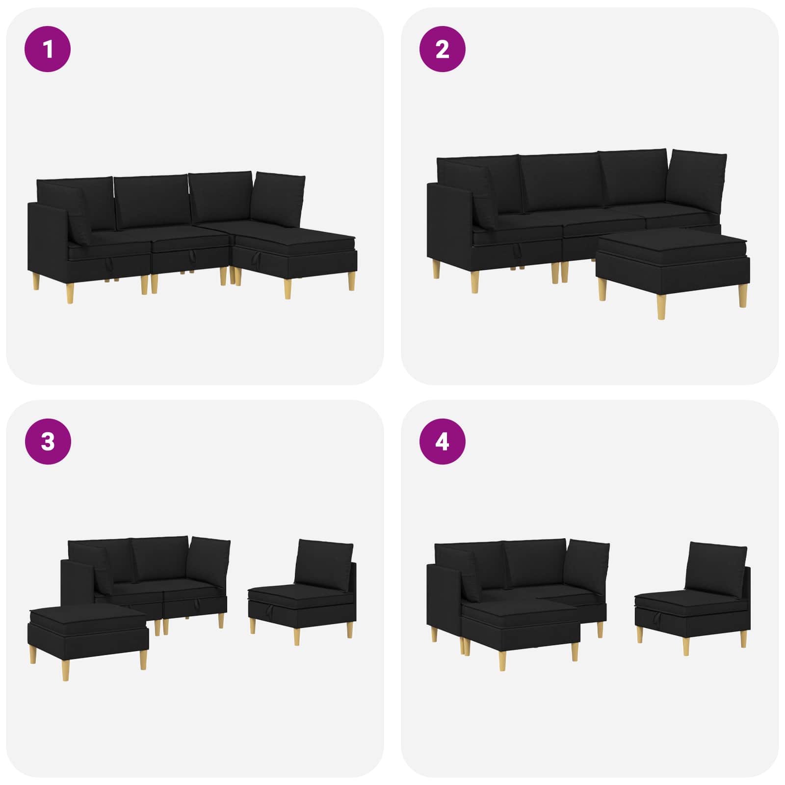 Set namještaja za dnevni boravak s jastukom 4 pcs Crna Tkanina