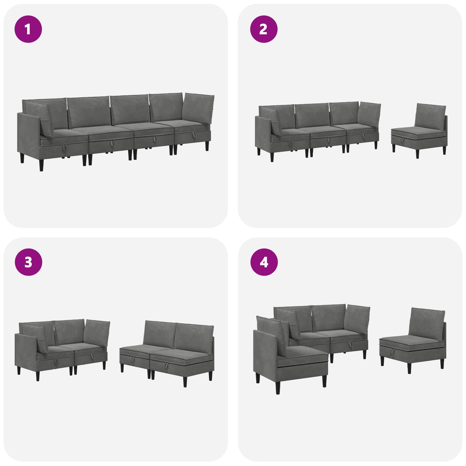 Set namještaja za dnevni boravak 4 pcs Tamnosiva Baršun