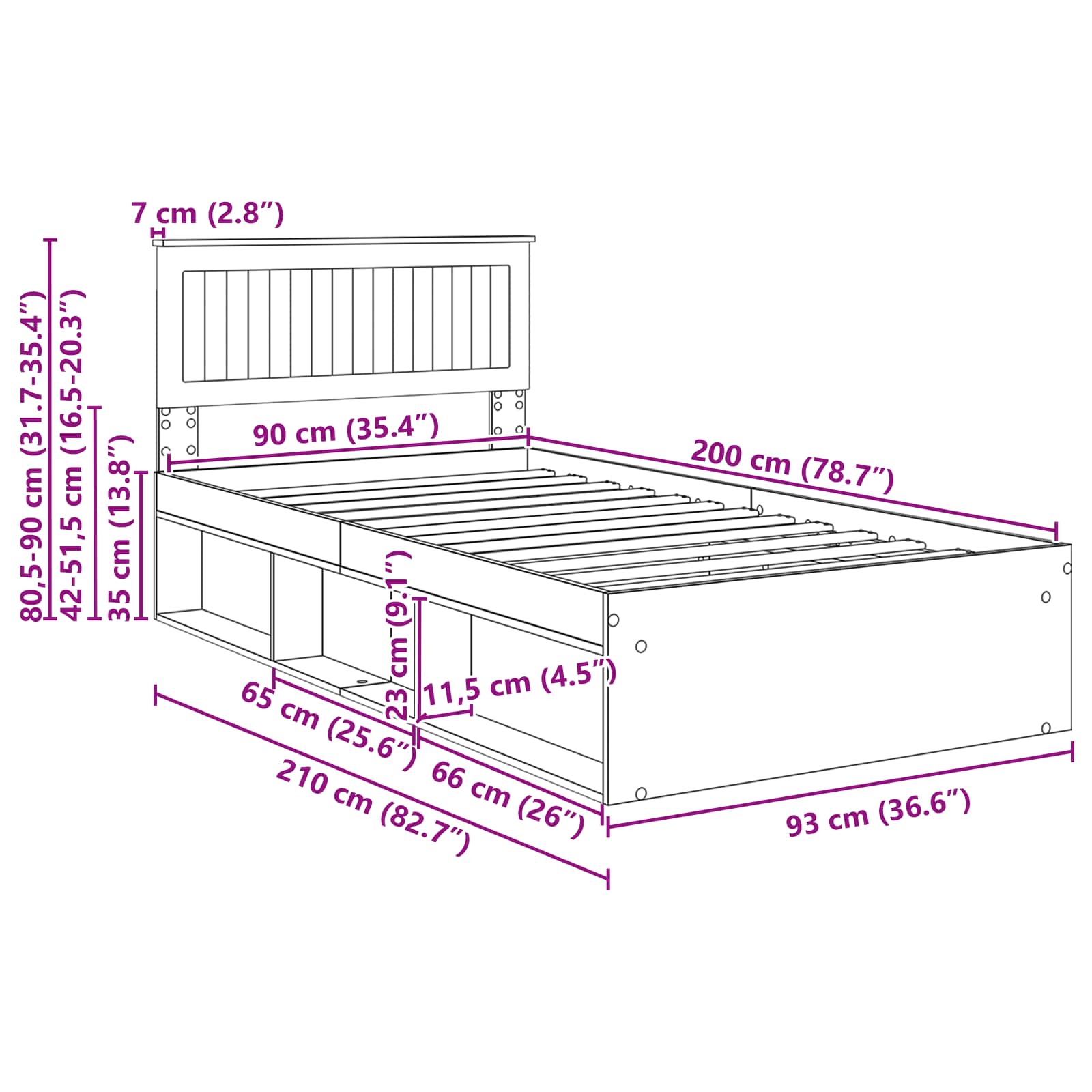Krevetna konstrukcija Umjetnička hrastovina 90 x 200 cm