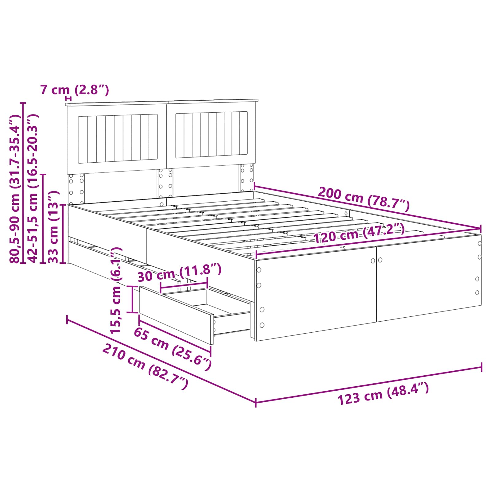 Krevetna konstrukcija s ladicama Sonoma hrast 120 x 200 cm