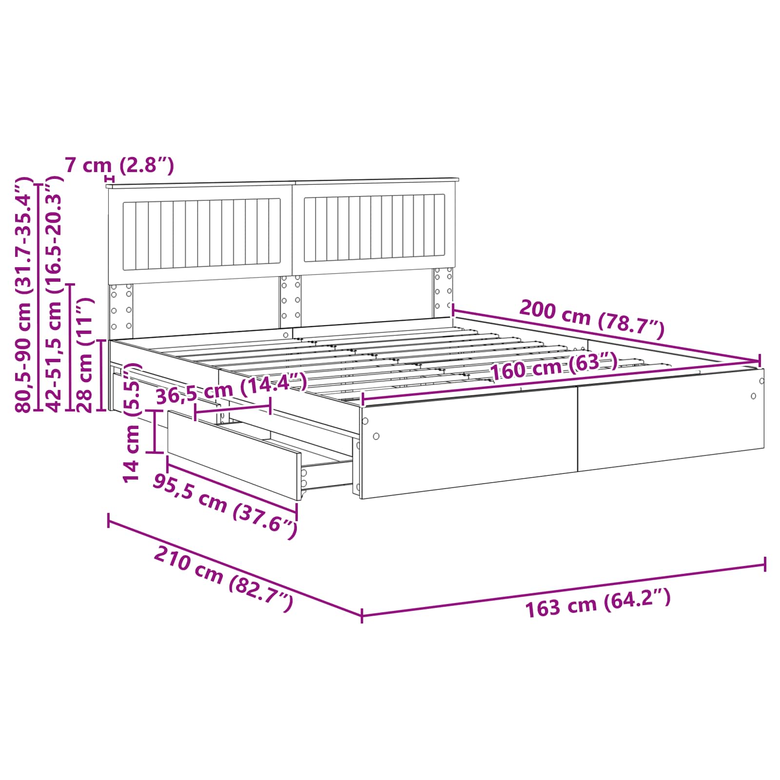 Krevet s od storage s uzglavljem Dimljeni hrast 160 x 200 cm
