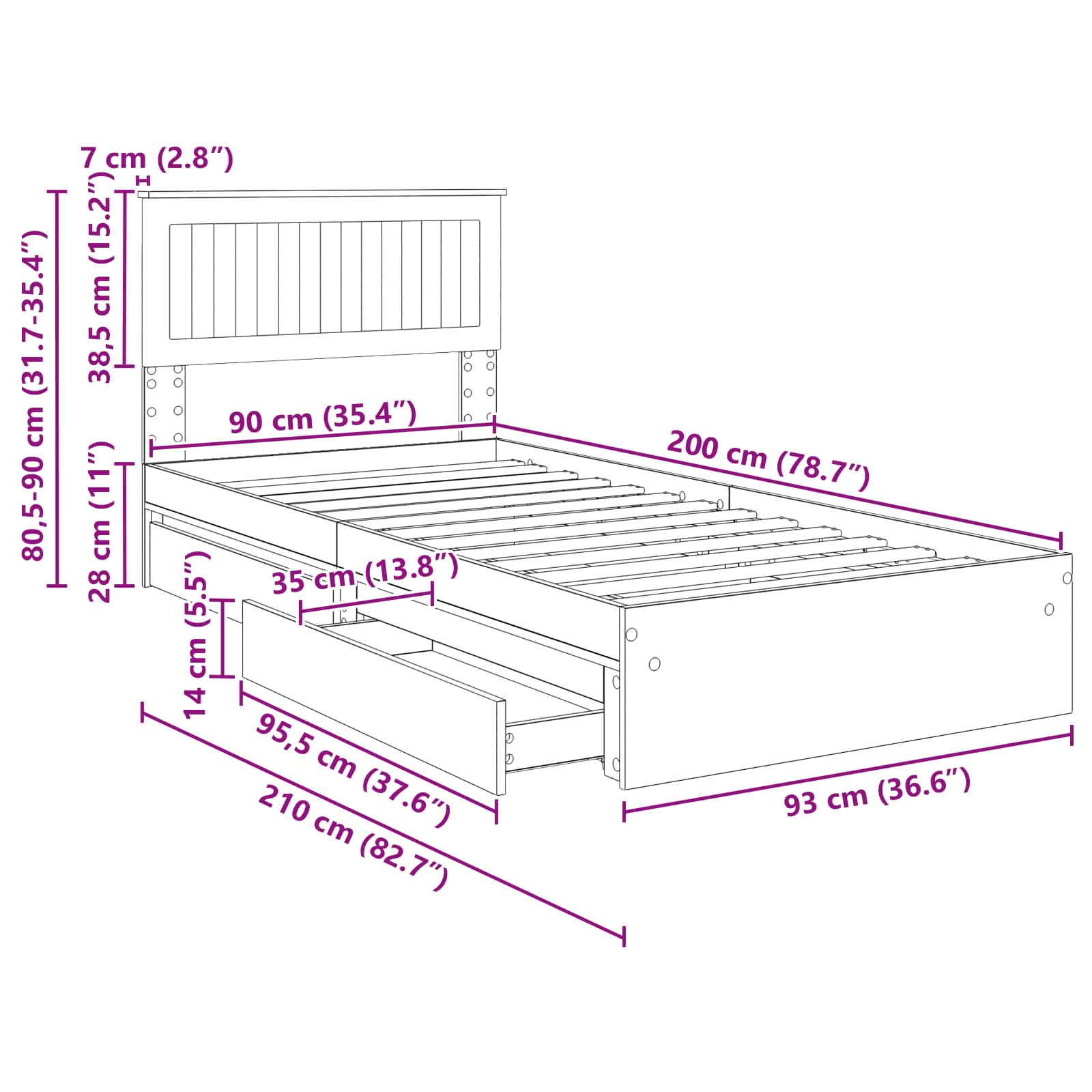 Krevet s od storage Sonoma hrast 90 x 200 cm Konstruirano drvo