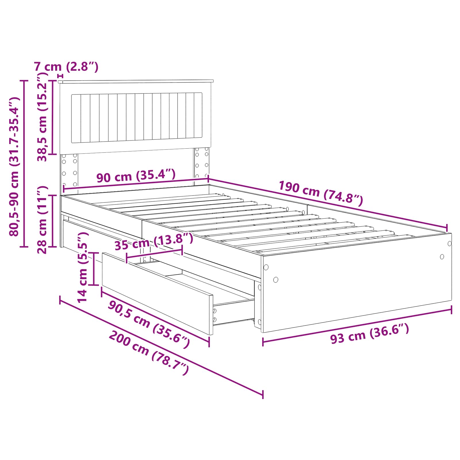 Krevet s od storage Sonoma hrast 90 x 190 cm Konstruirano drvo