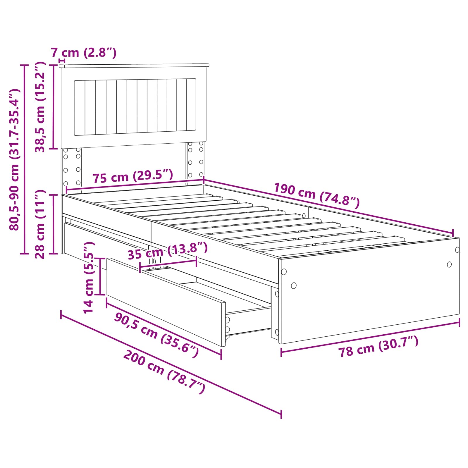 Krevet s od storage s uzglavljem Dimljeni hrast 75 x 190 cm