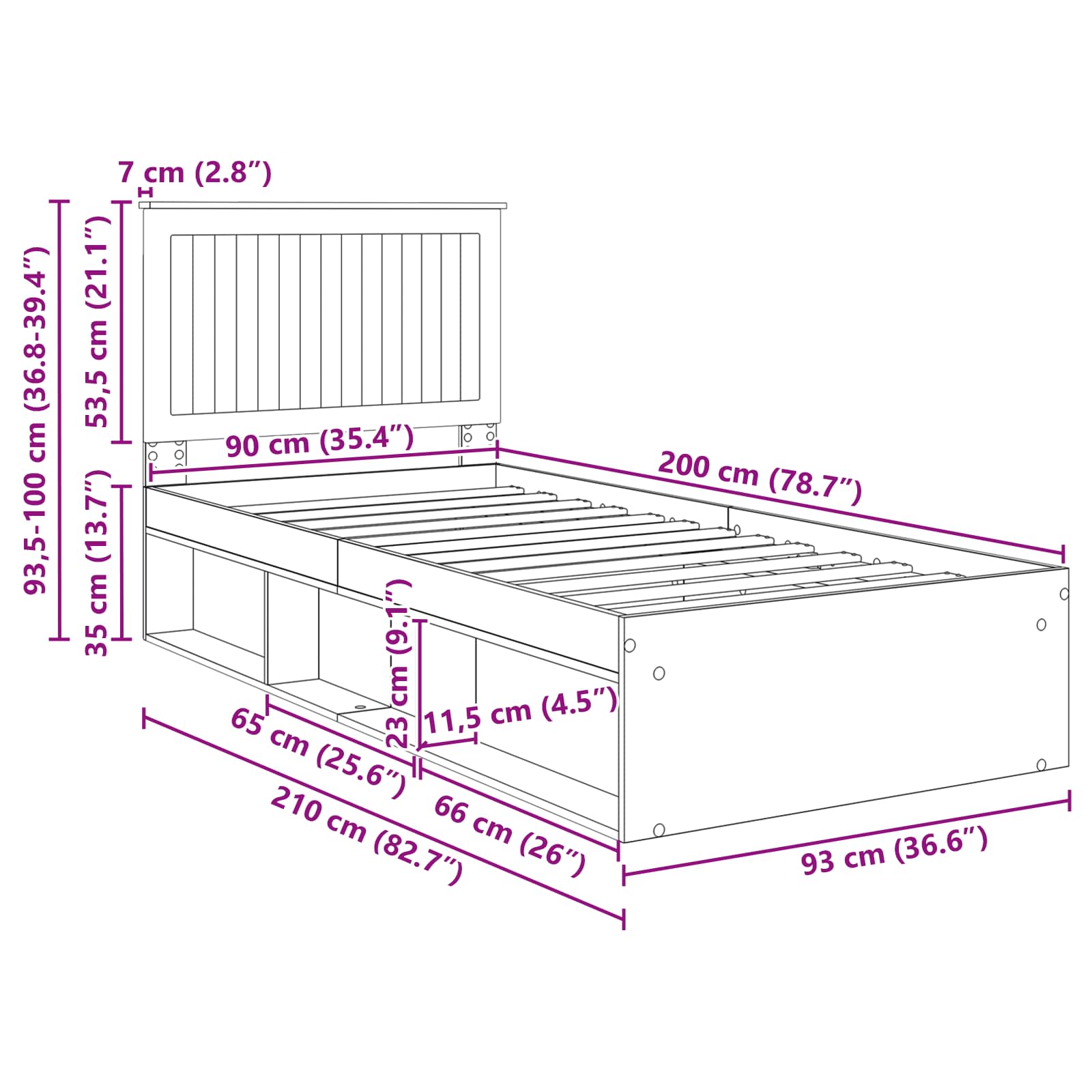 Krevetna konstrukcija Crna 90 x 200 cm Čvrsto borovo drvo