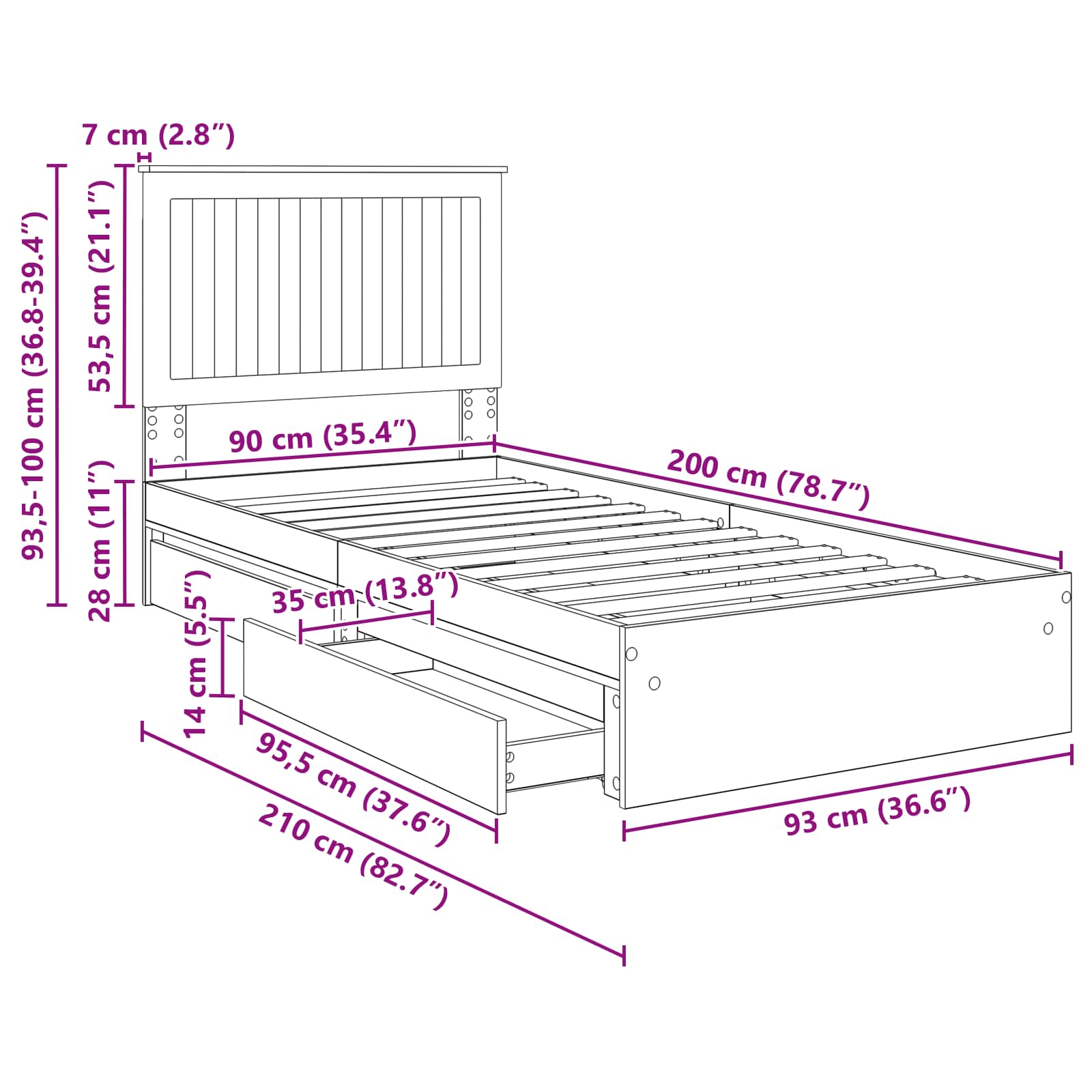 Krevet s od storage s uzglavljem Dimljeni hrast 90 x 200 cm