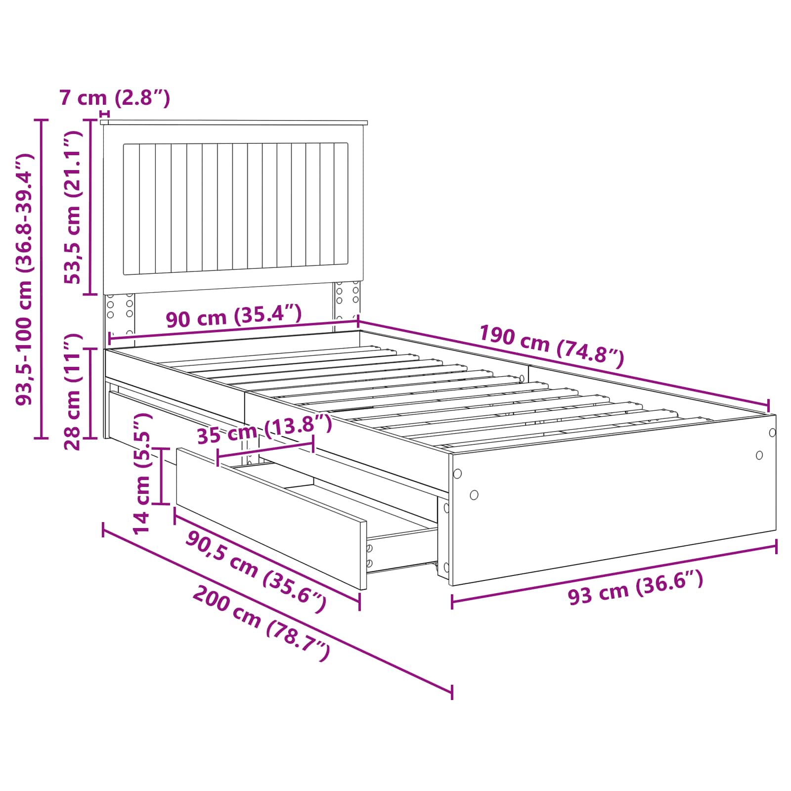 Krevet s od storage Crna 90 x 190 cm Konstruirano drvo
