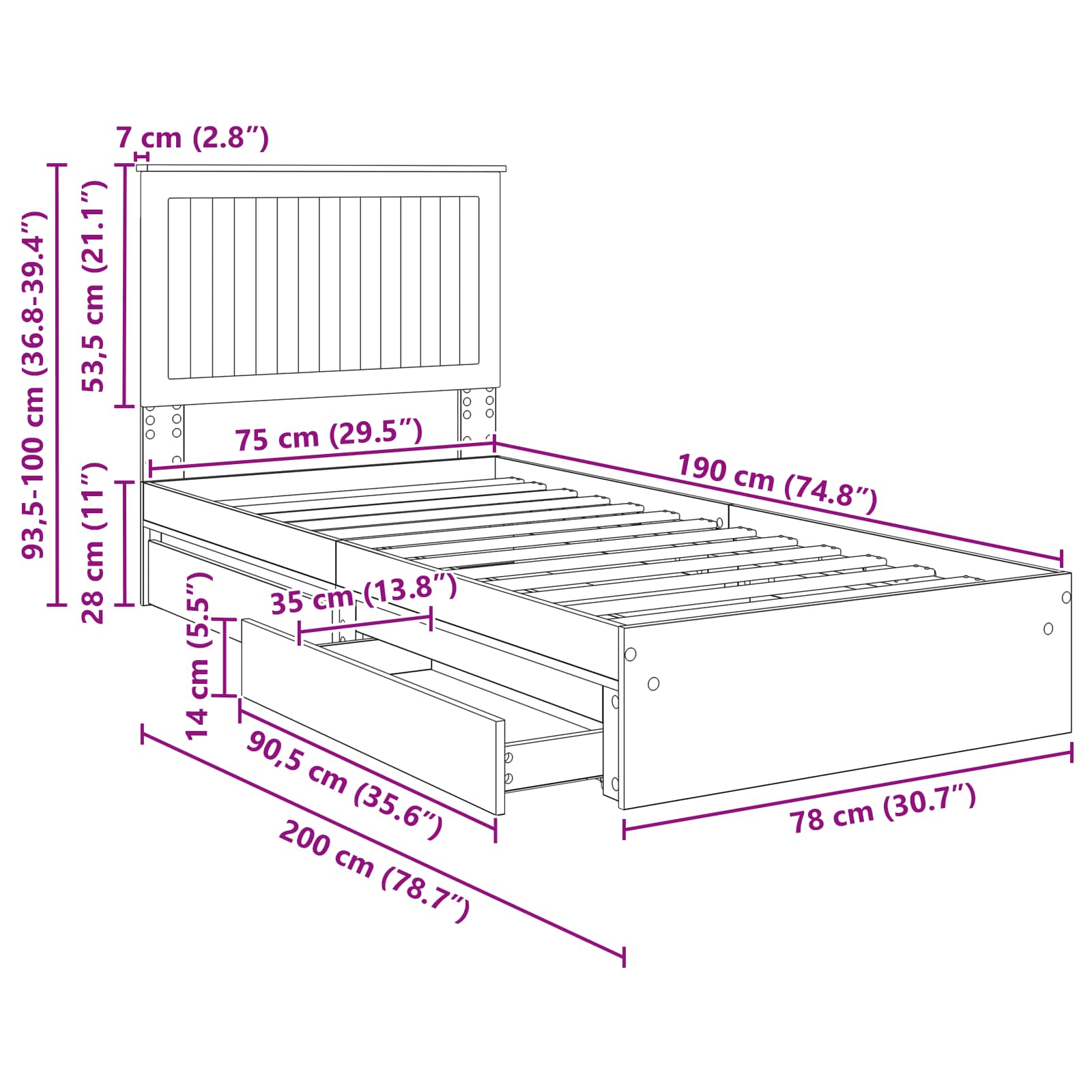 Krevet s od storage Sonoma hrast 75 x 190 cm Konstruirano drvo