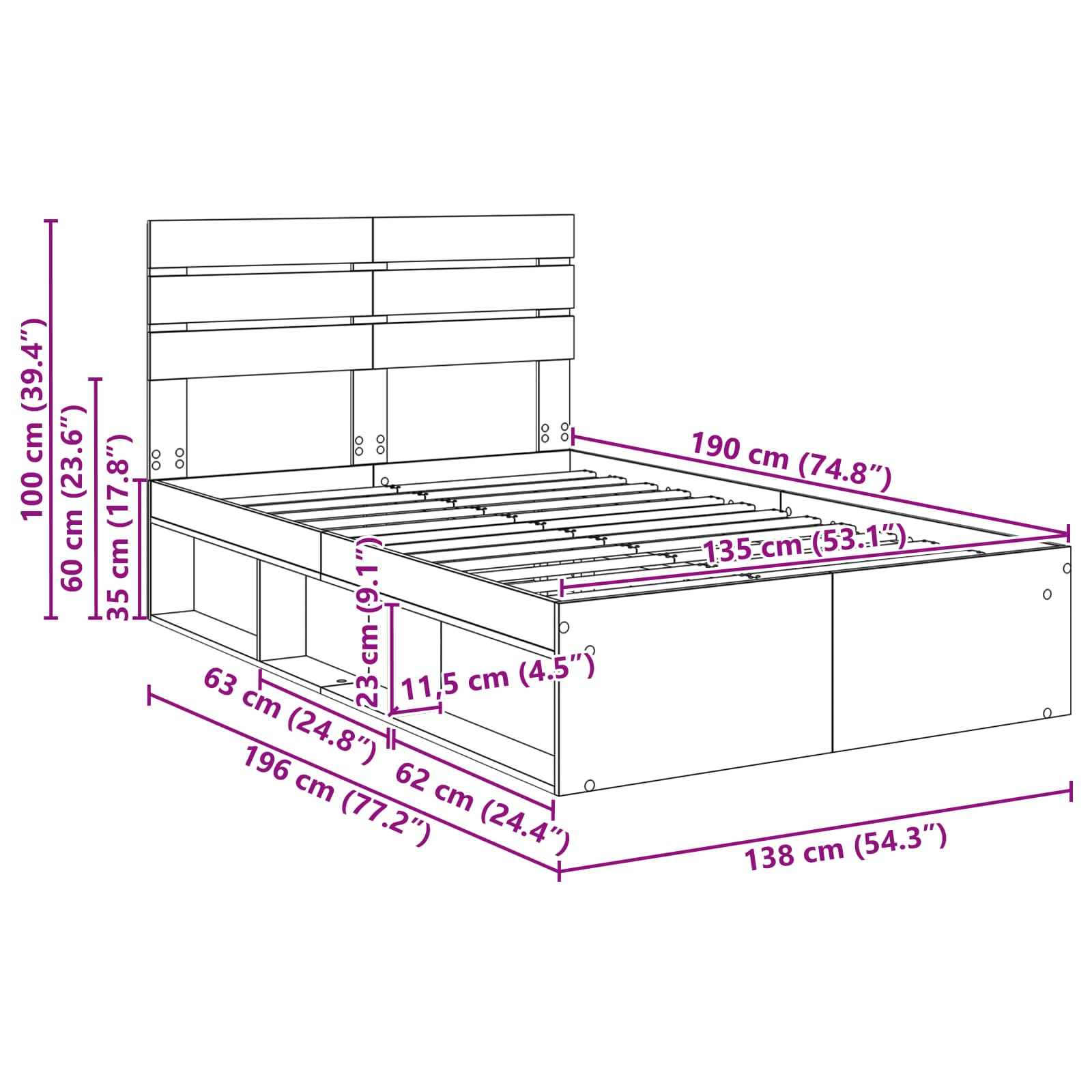 Krevetna konstrukcija s uzglavljem Staro drvo 135 x 190 cm