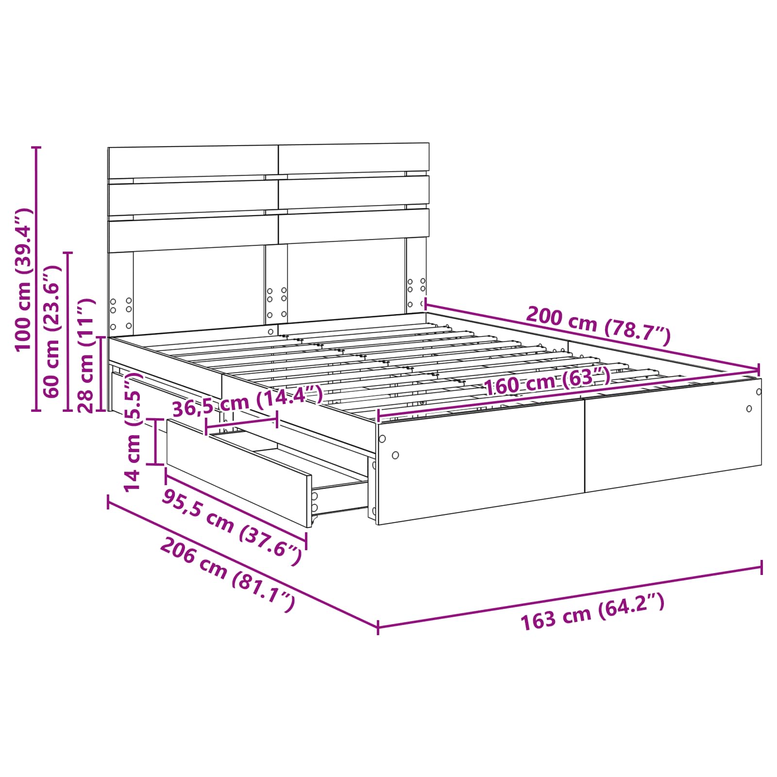 Krevet s od storage Bijelo 160 x 200 cm Konstruirano drvo