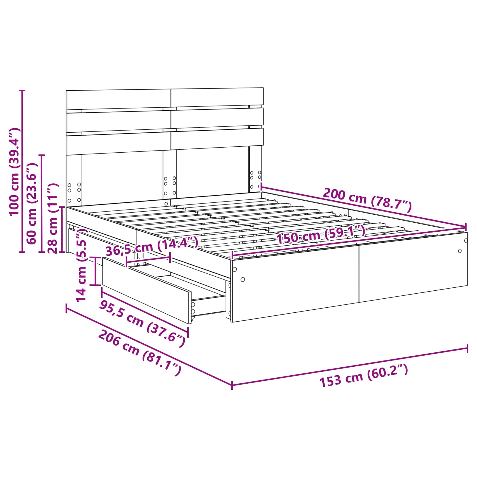 Krevet s od storage s uzglavljem Betonski sivi 150 x 200 cm