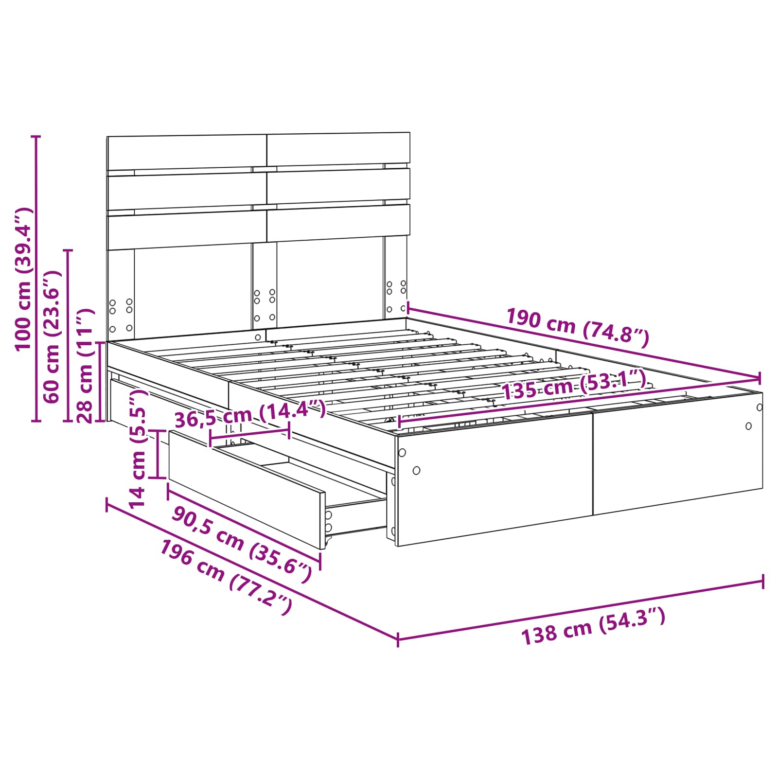 Krevet s od storage Sonoma hrast 135 x 190 cm Konstruirano drvo