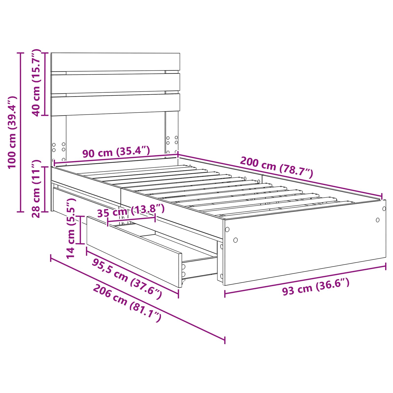 Krevet s od storage Sonoma hrast 90 x 200 cm Konstruirano drvo