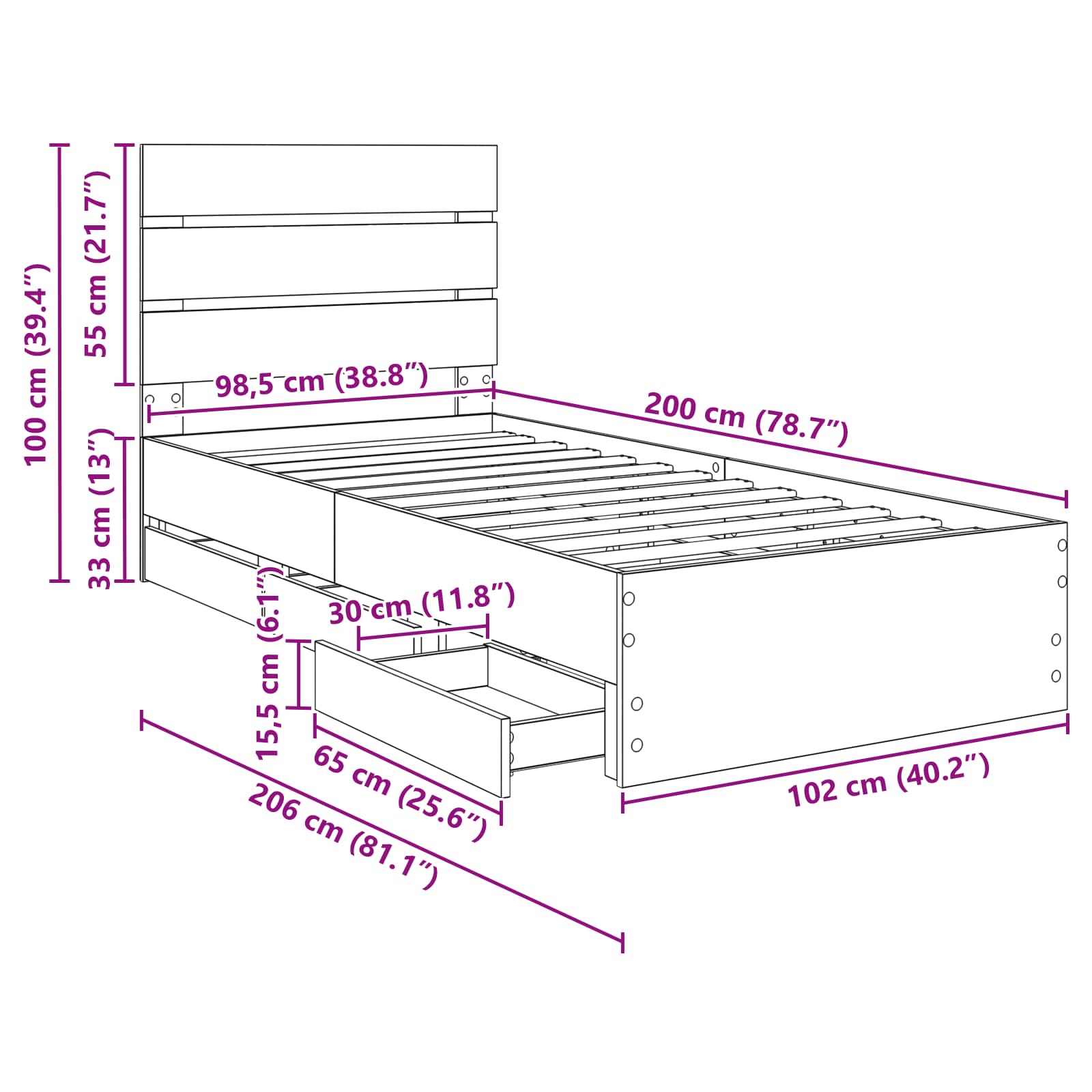 Krevetna konstrukcija s ladicama Sonoma hrast 100 x 200 cm