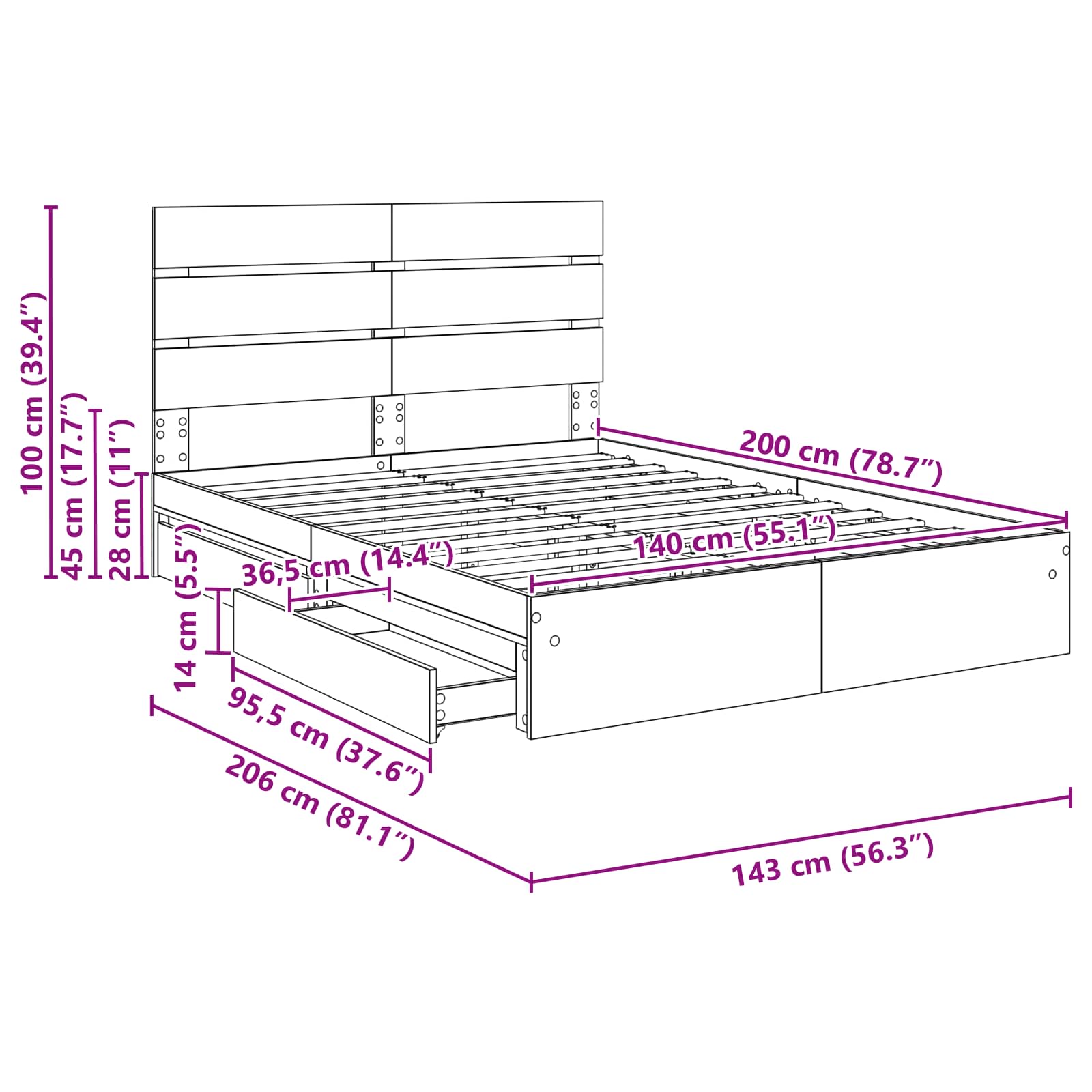 Krevet s od storage Bijelo 140 x 200 cm Konstruirano drvo