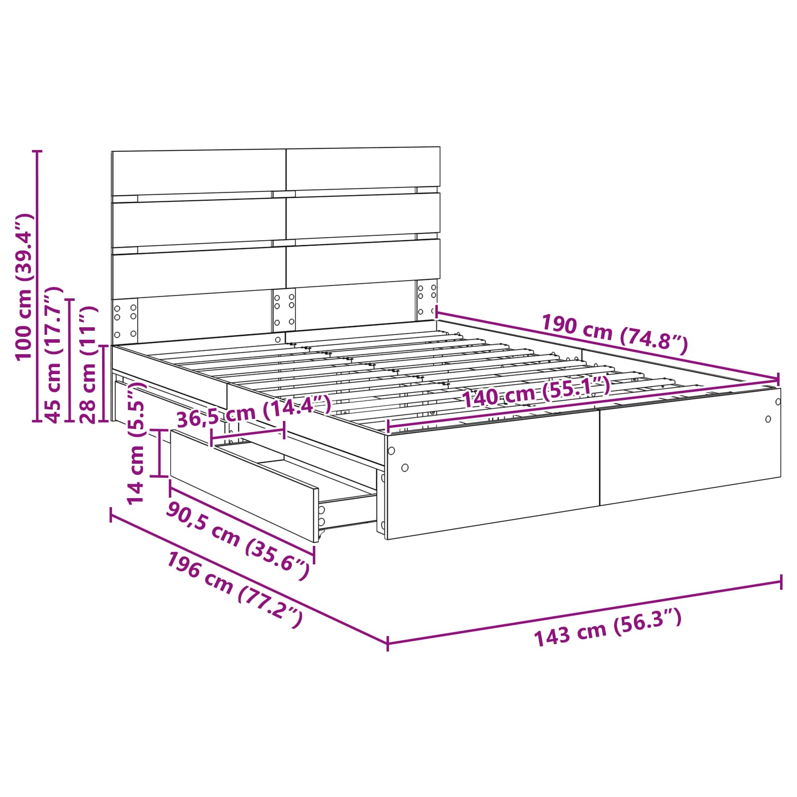 Krevet s od storage Bijelo 140 x 190 cm Konstruirano drvo