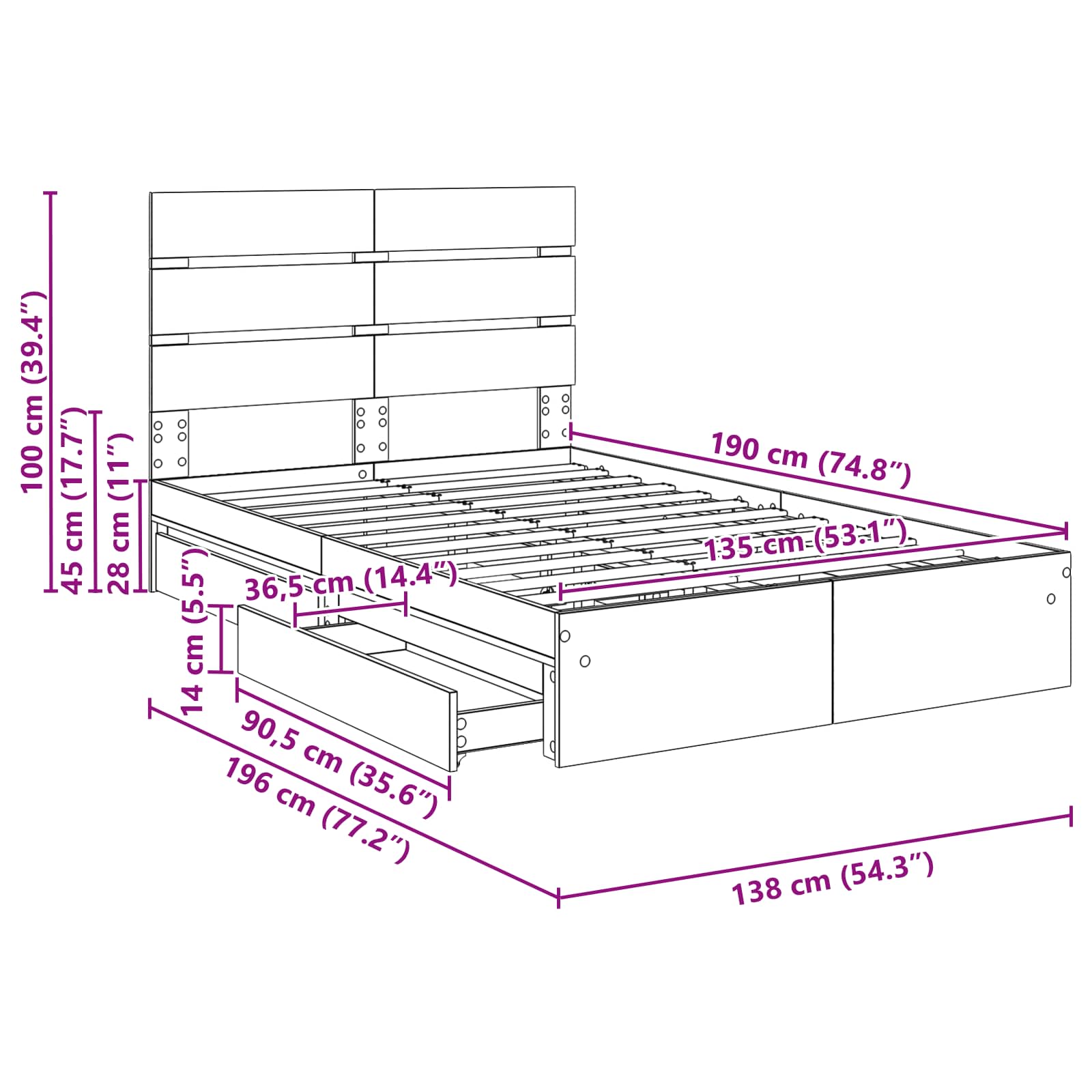 Krevet s od storage s uzglavljem Betonski sivi 135 x 190 cm