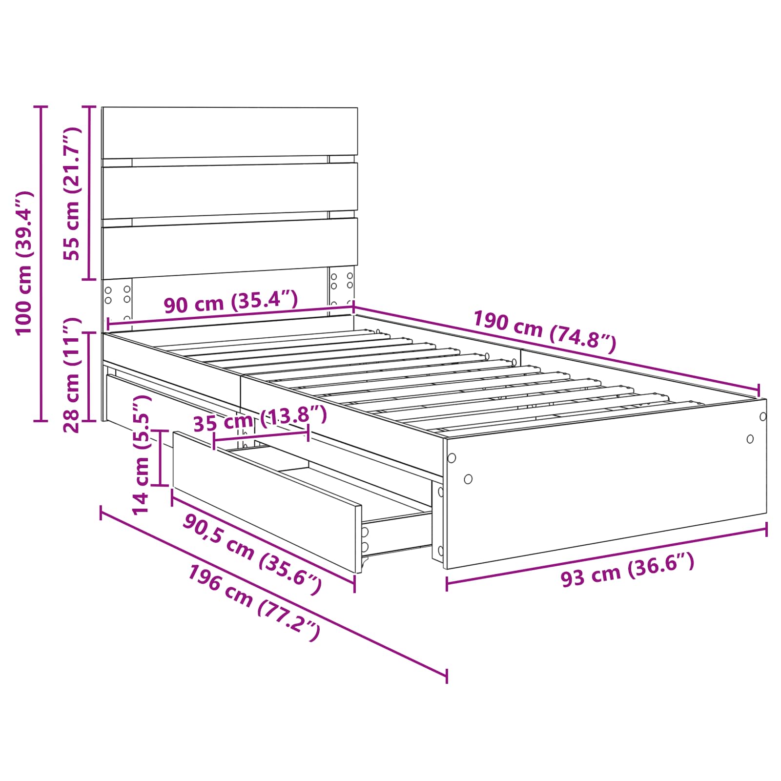 Krevet s od storage s uzglavljem Dimljeni hrast 90 x 190 cm