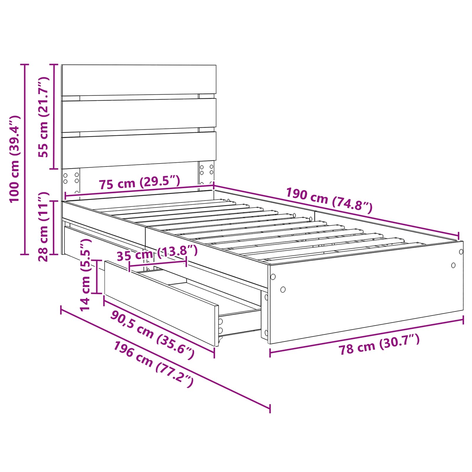 Krevet s od storage s uzglavljem Dimljeni hrast 70 x 190 cm