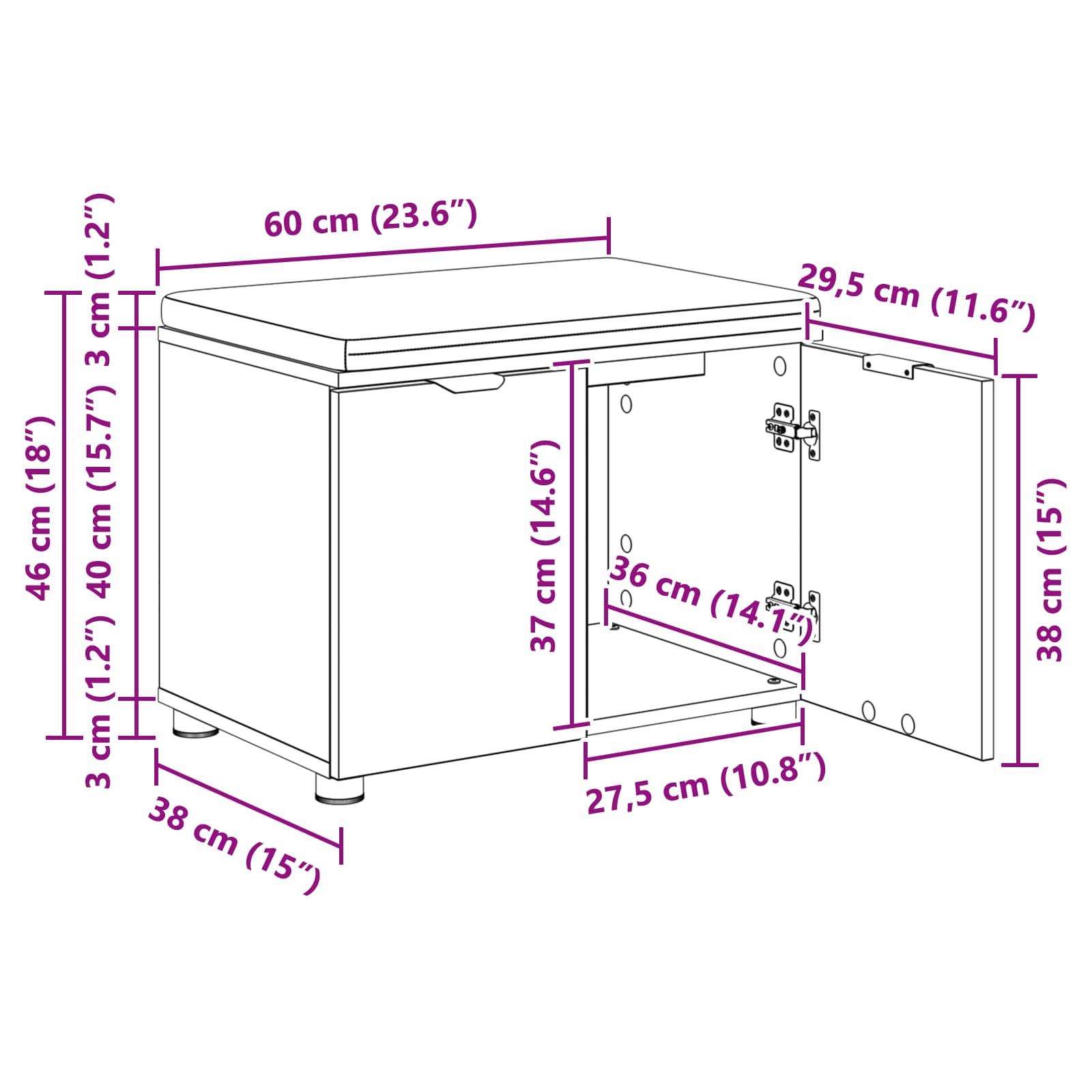 Klupa za hodnik s jastukom s policom Crni Hrast 60 x 38 x 46 cm