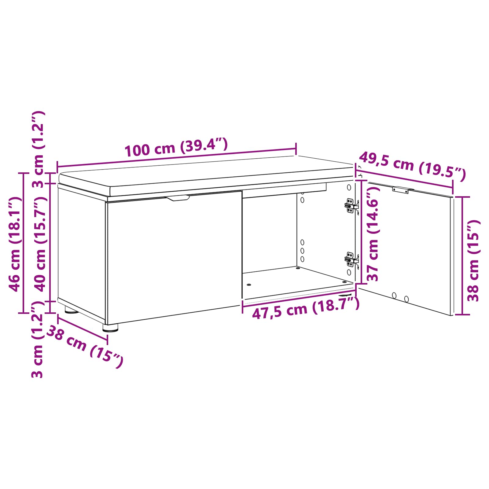 Klupa za hodnik s jastukom Crni Hrast 100 x 38 x 46 cm