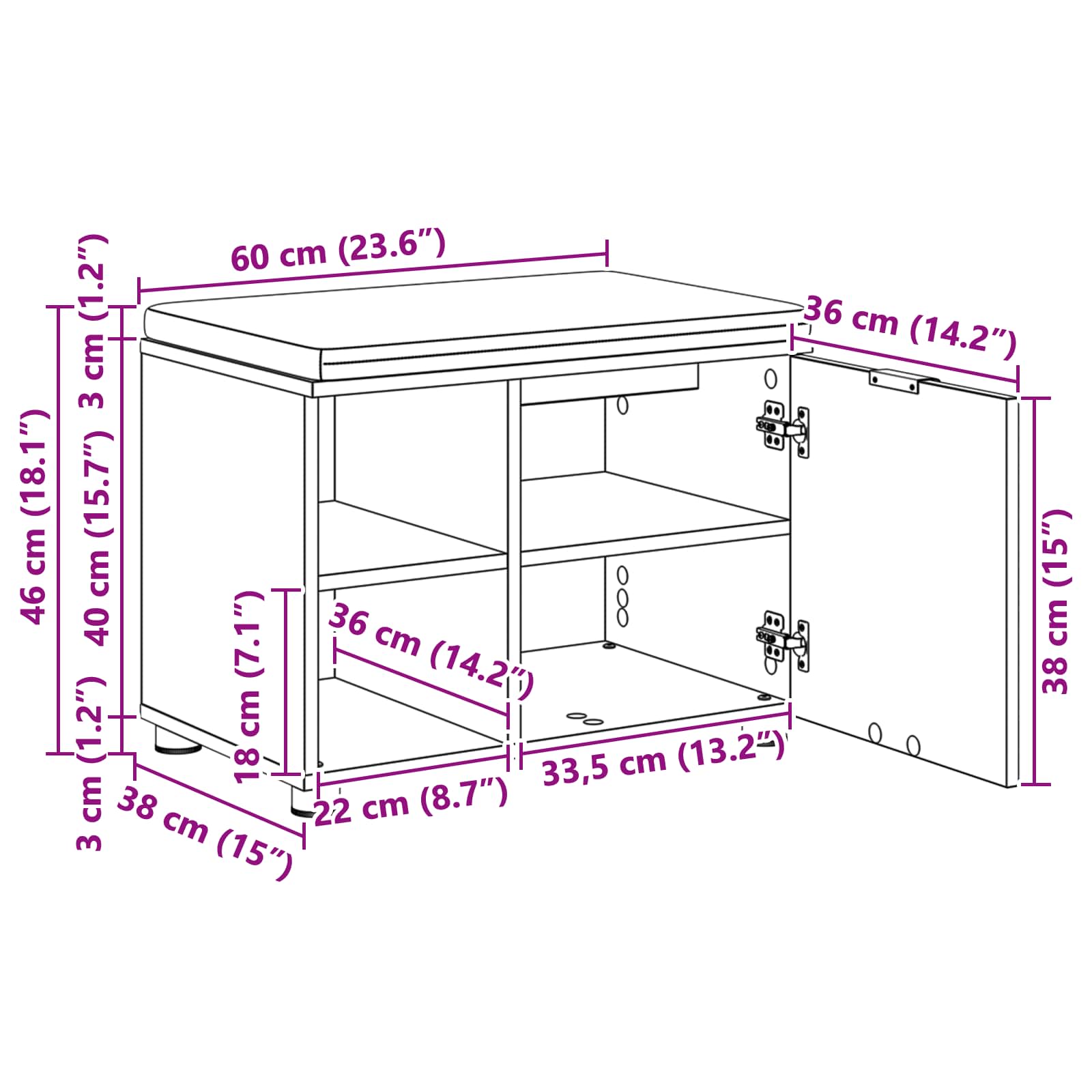 Klupa za hodnik s jastukom Betonsko Siva 60 x 38 x 46 cm