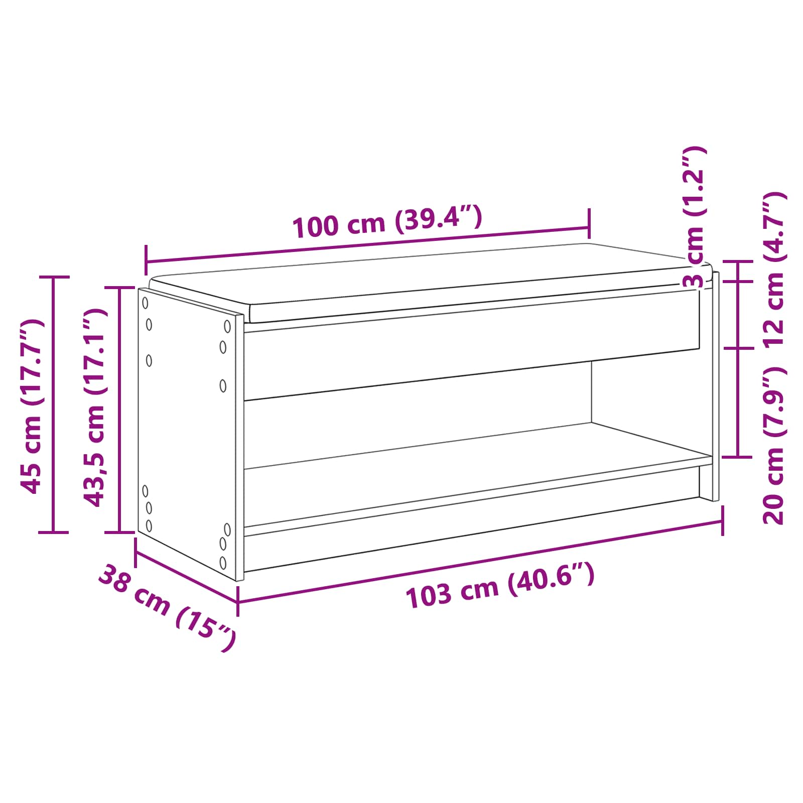 Klupa za hodnik s jastukom s policom Bijeli 103 x 38 x 45 cm