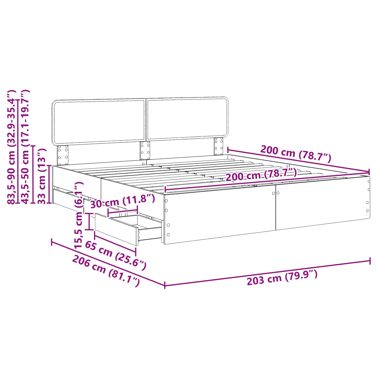 Krevetna konstrukcija s ladicama Betonsko Siva 200 x 200 cm