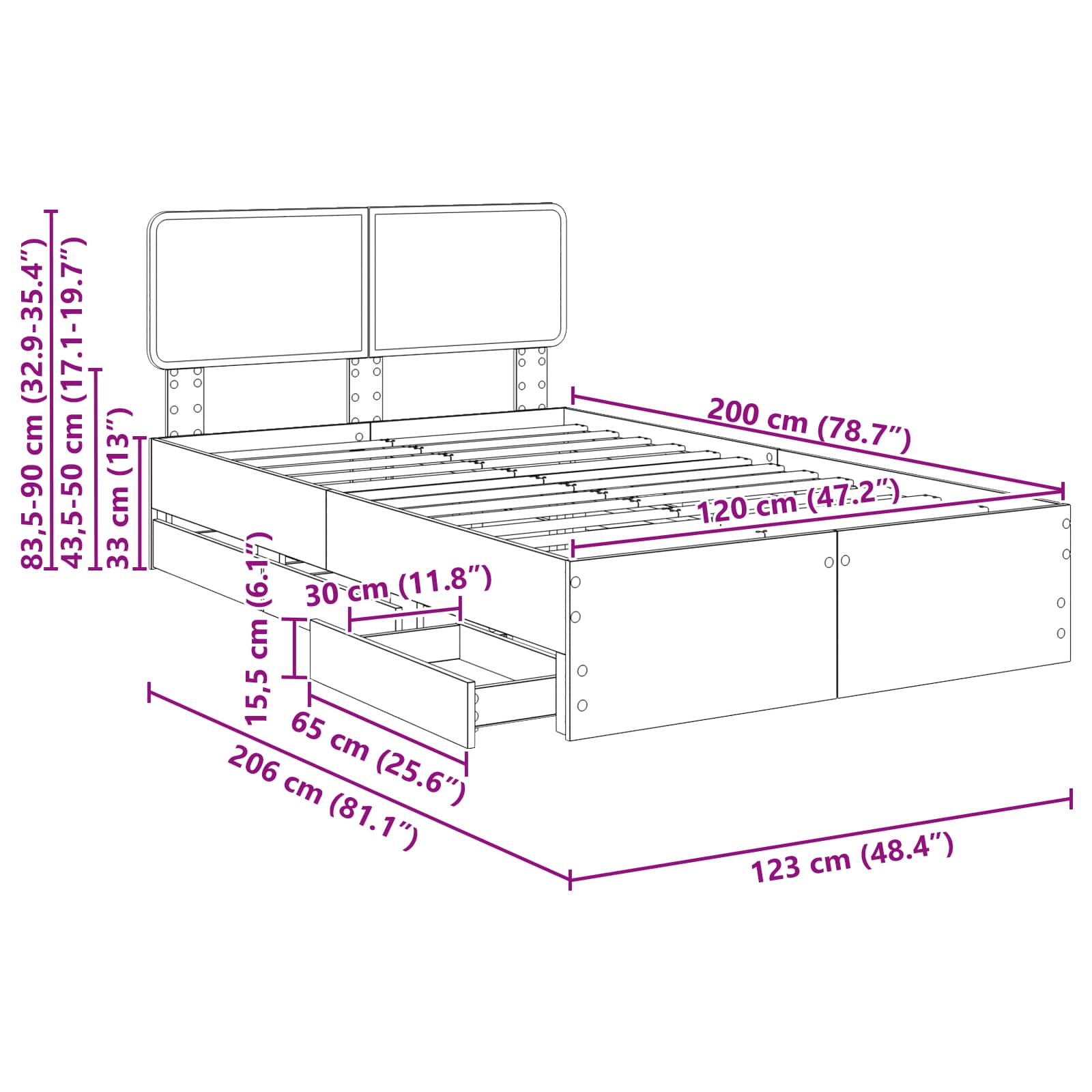 Krevetna konstrukcija s ladicama Sonoma hrast 120 x 200 cm