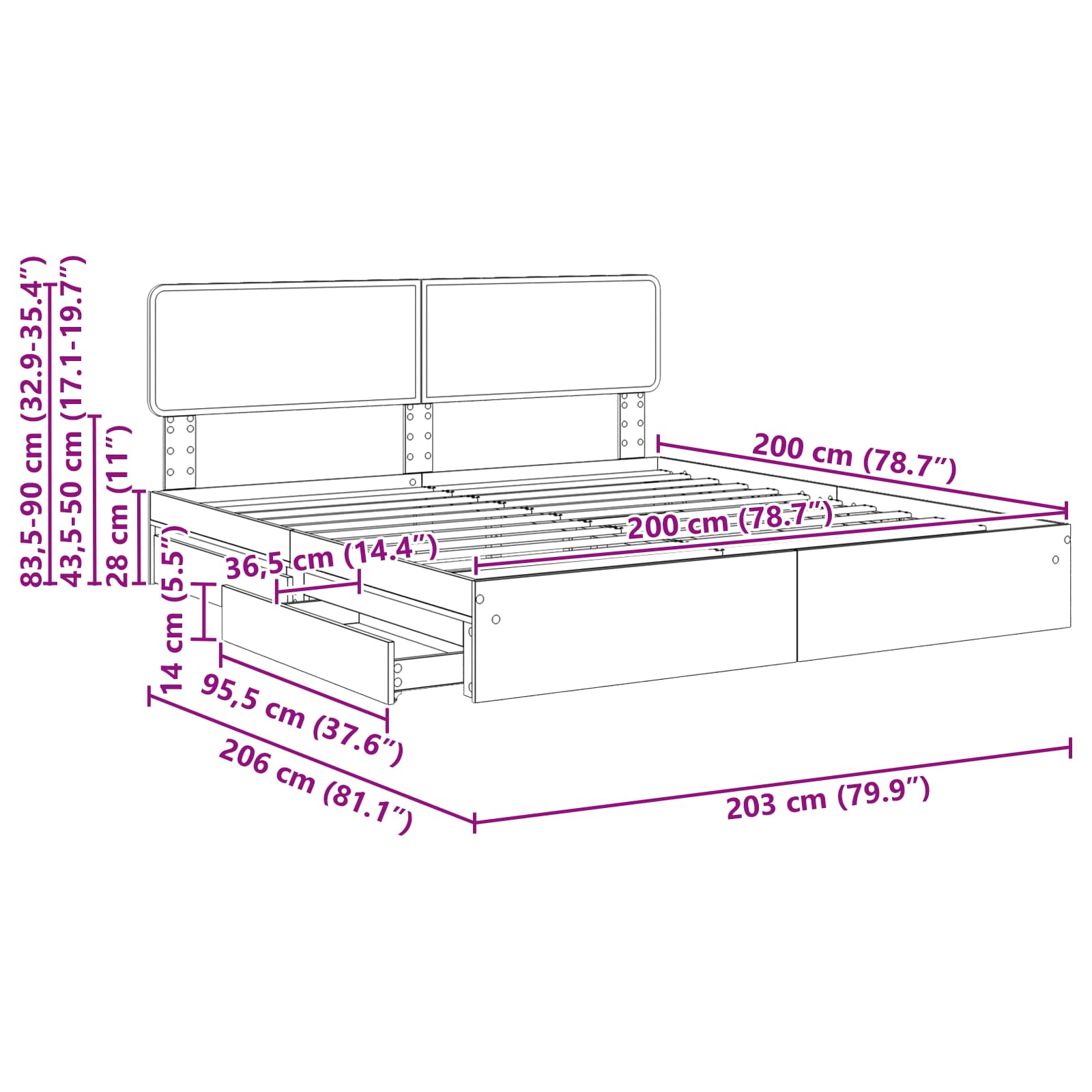 Krevet s od storage s uzglavljem Betonski sivi 200 x 200 cm
