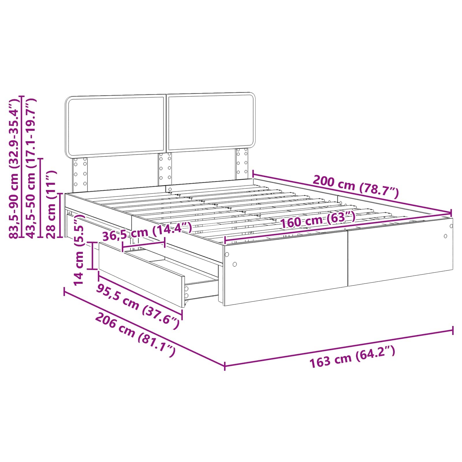 Krevet s od storage Bijelo 160 x 200 cm Konstruirano drvo